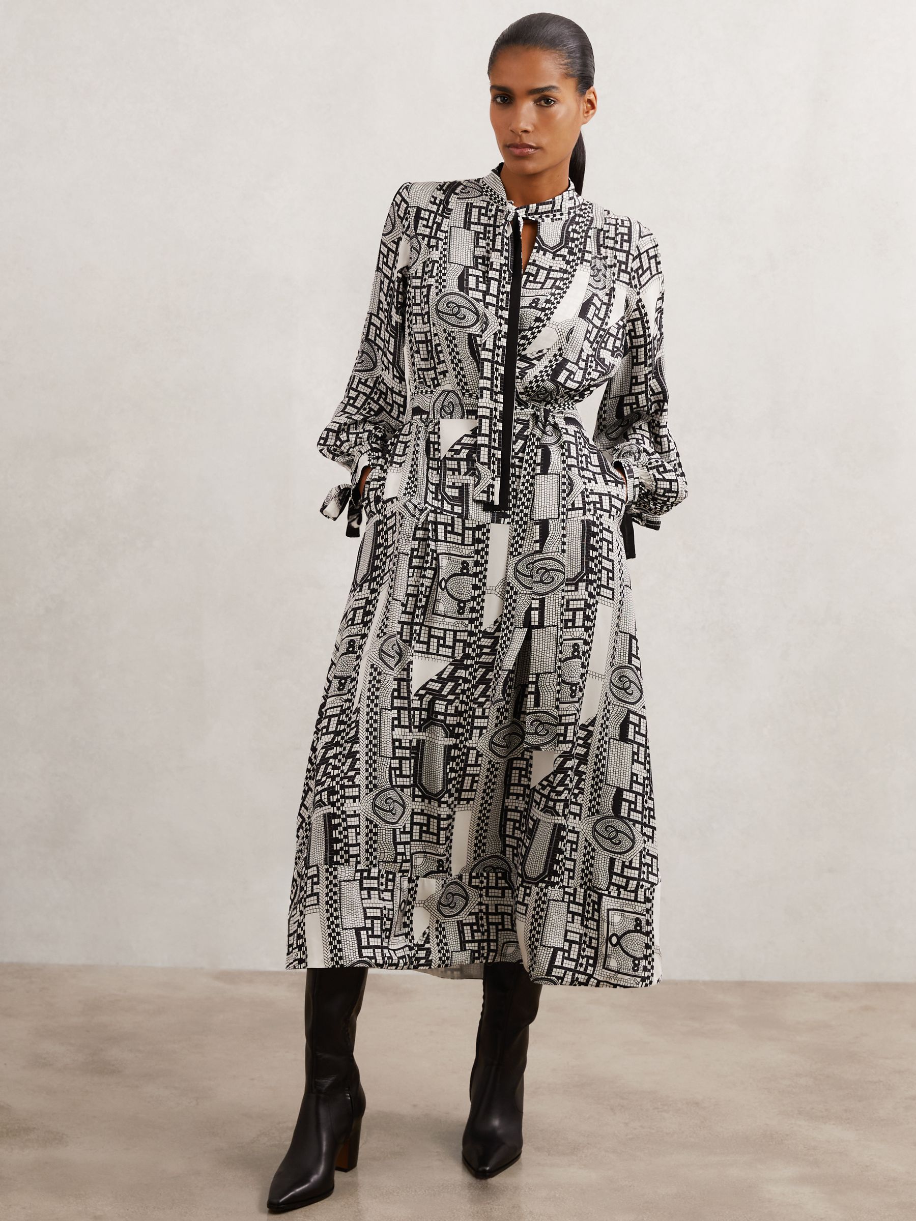 Geometric-print Tie-neck Dress