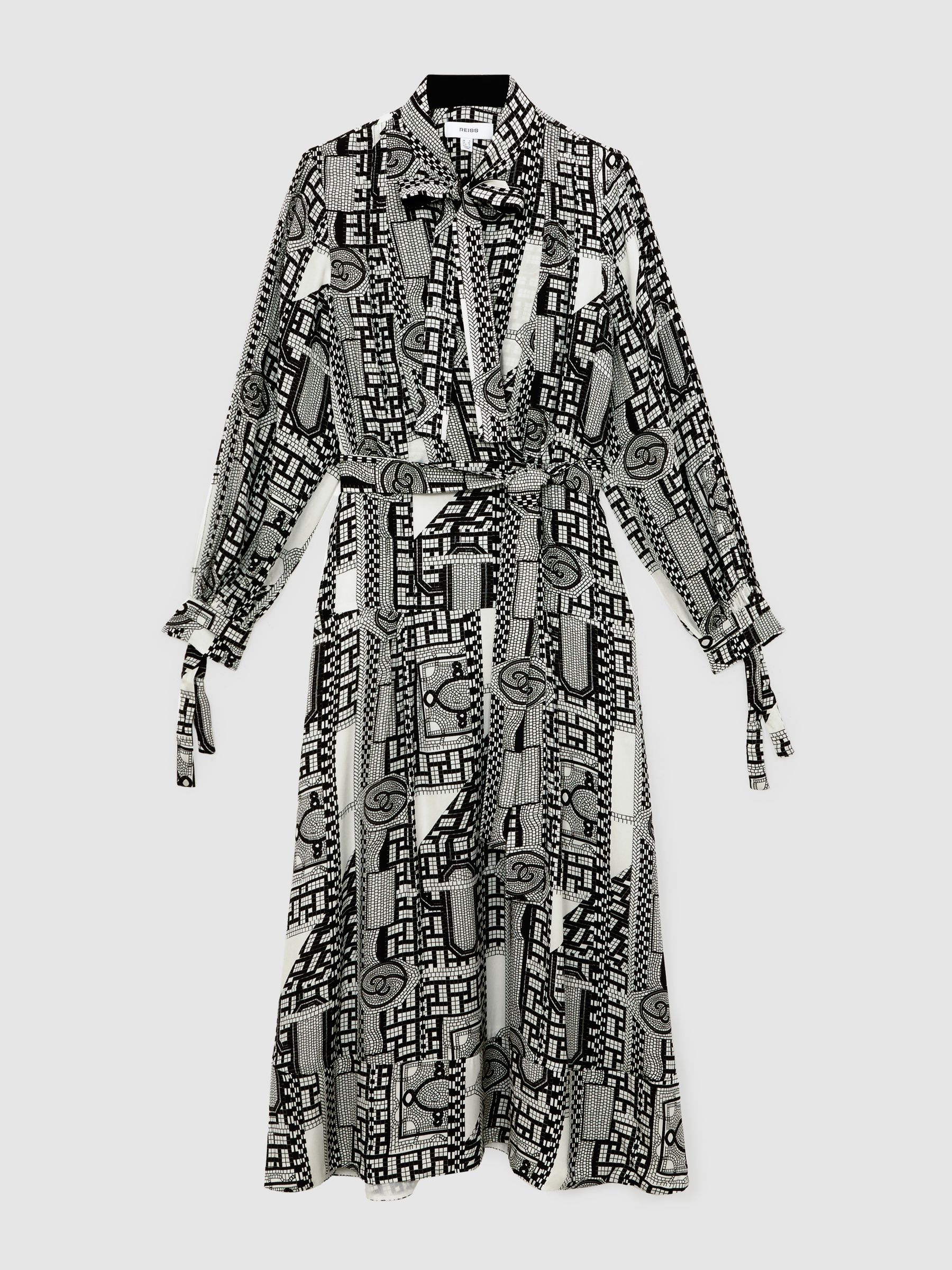 Geometric-Print Tie-Neck Dress in Black/Ivory