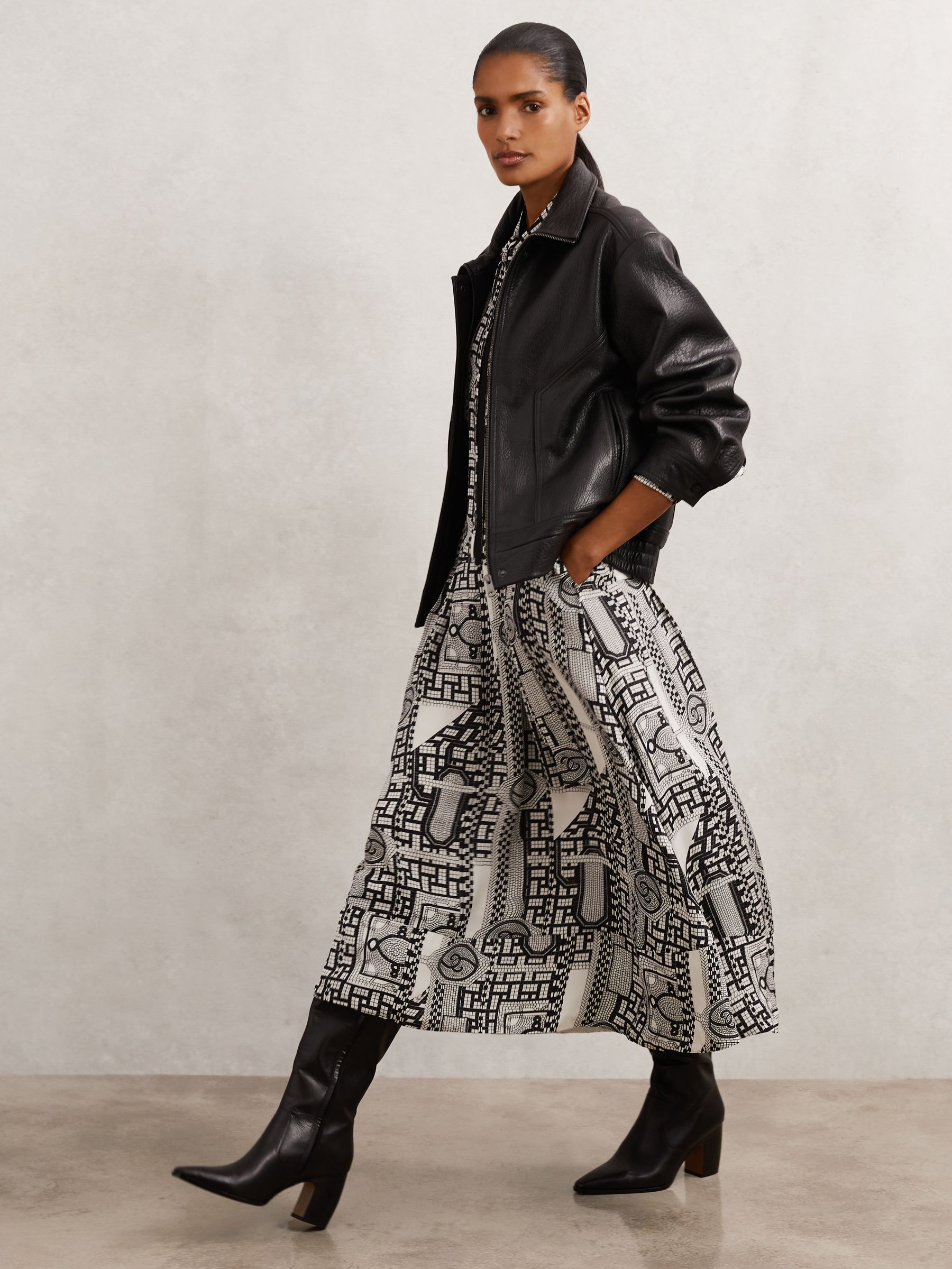 Geometric-Print Tie-Neck Dress in Black/Ivory - Image 3 of 6