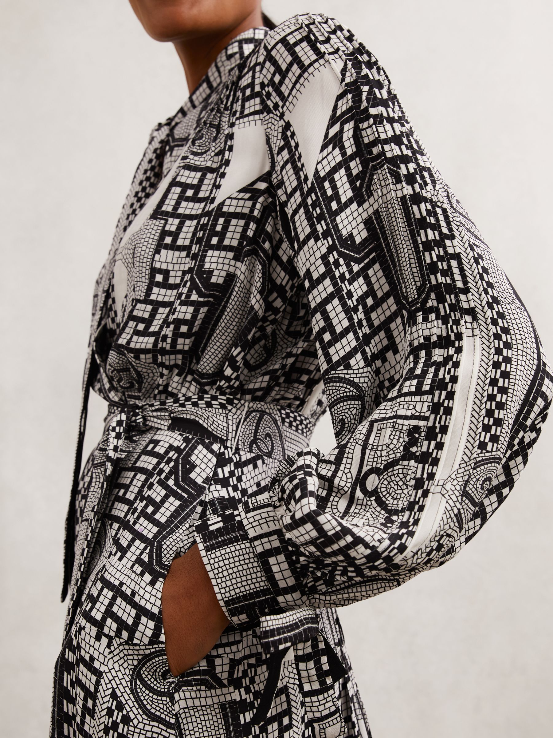 Geometric-Print Tie-Neck Dress in Black/Ivory - image 3