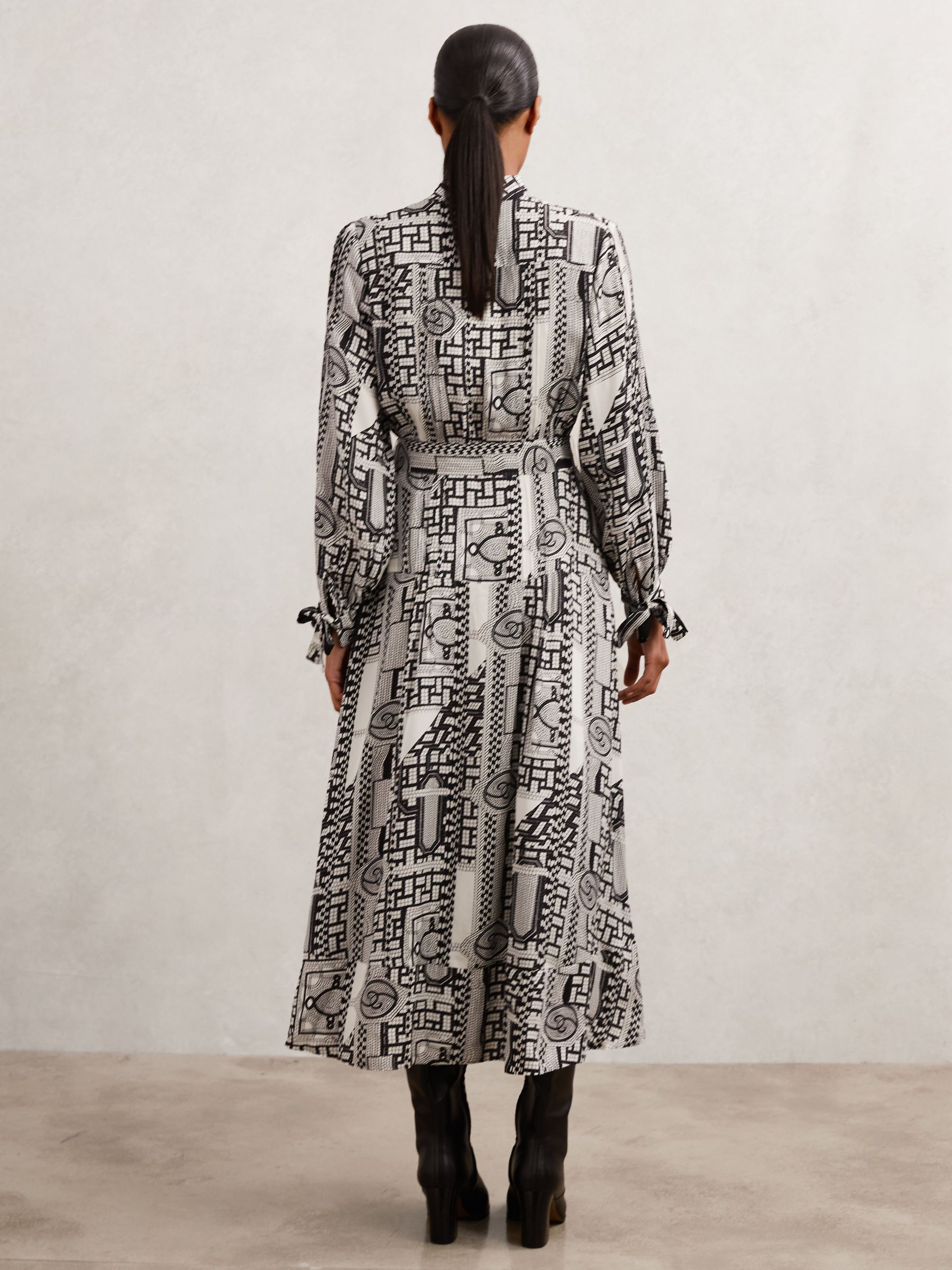 Geometric-Print Tie-Neck Dress in Black/Ivory - image 4