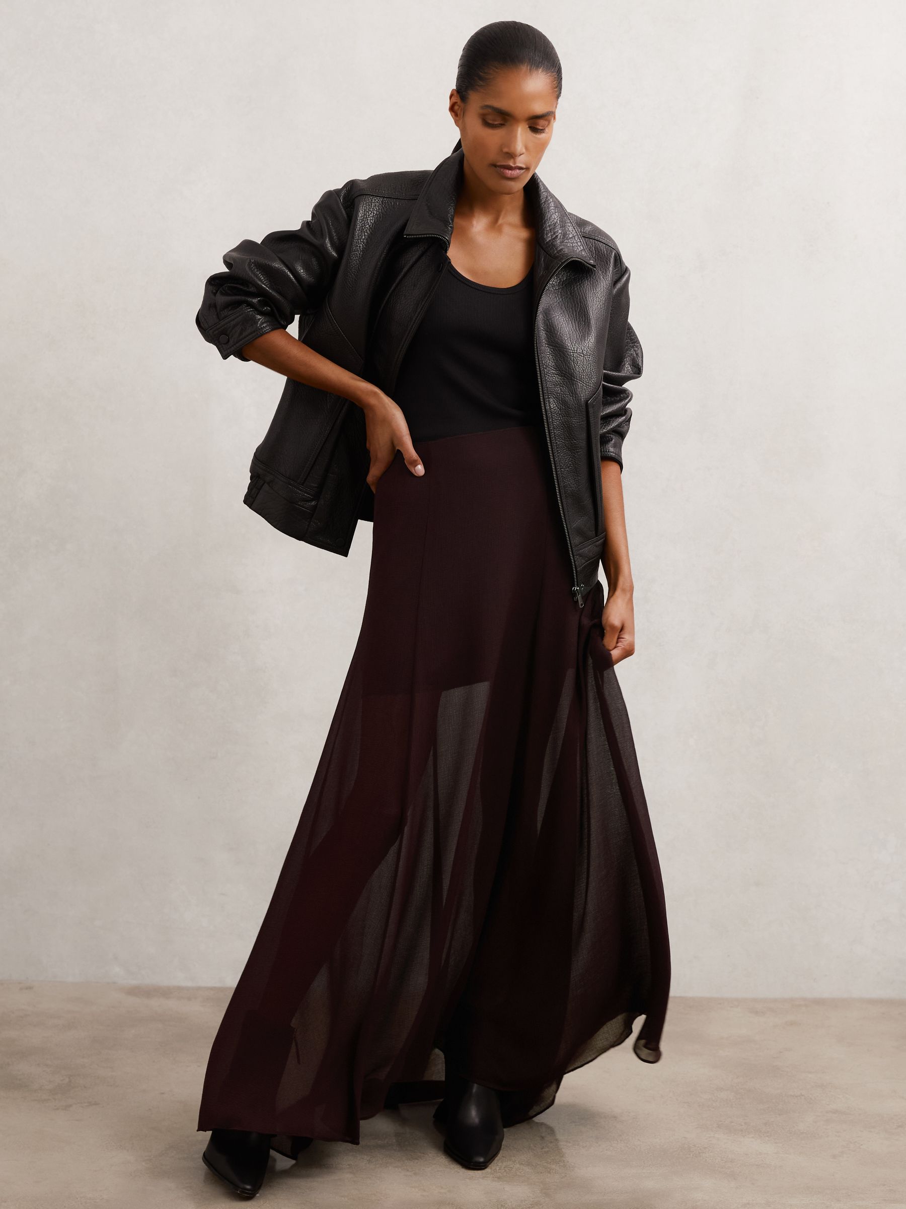 Reiss Sheer Textured Maxi Skirt in Chocolate Brown - REISS