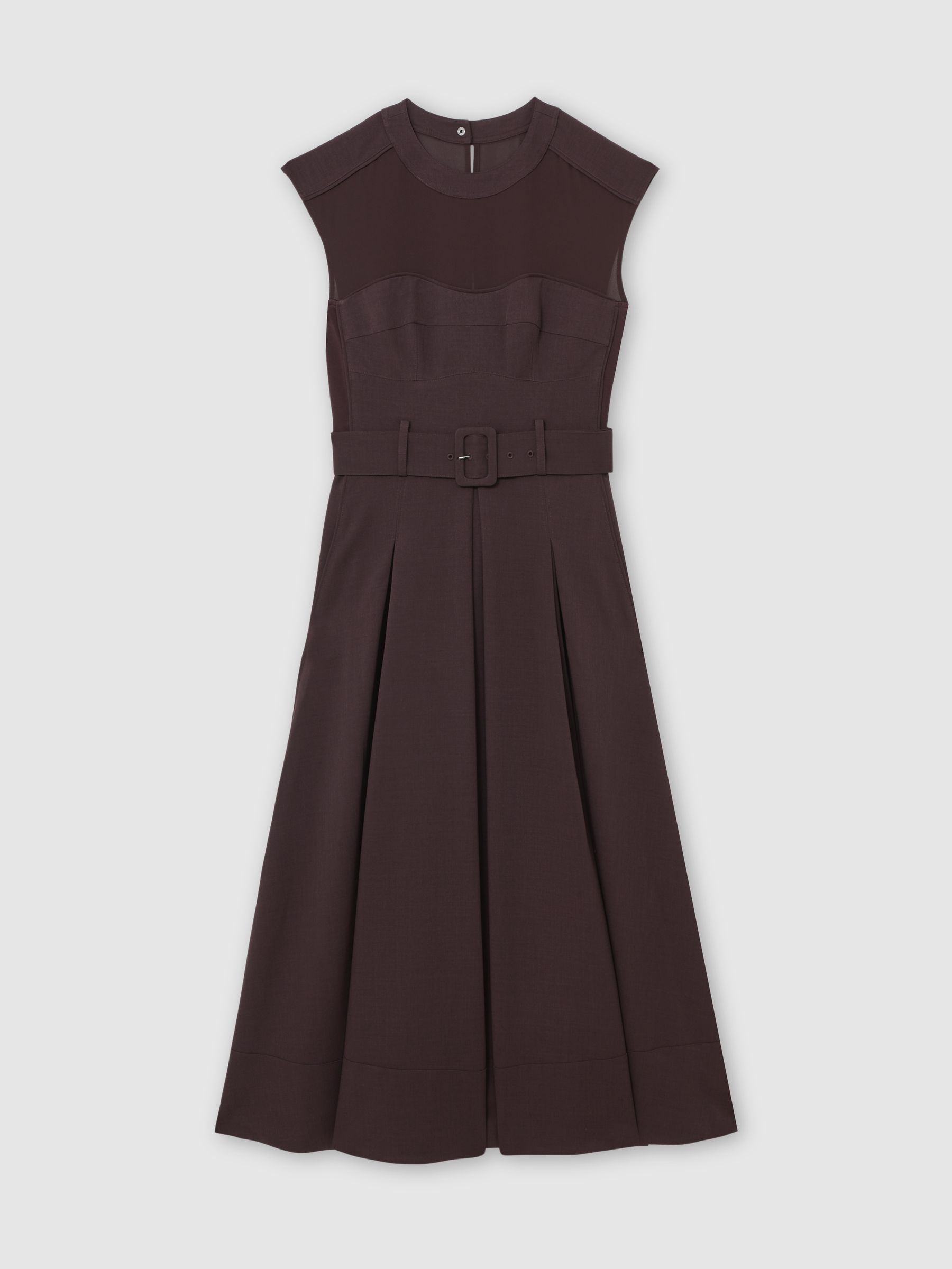 Petite Mesh-Panel Belted Pleated Midi Dress in Burgundy - Image 2 of 7