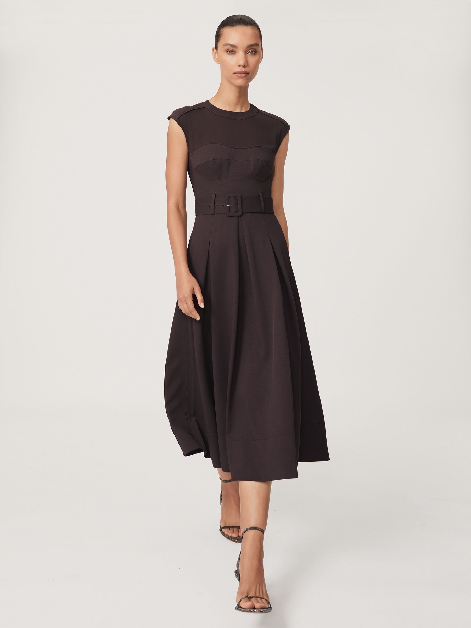 Petite Mesh-Panel Belted Pleated Midi Dress in Burgundy - Image 3 of 7