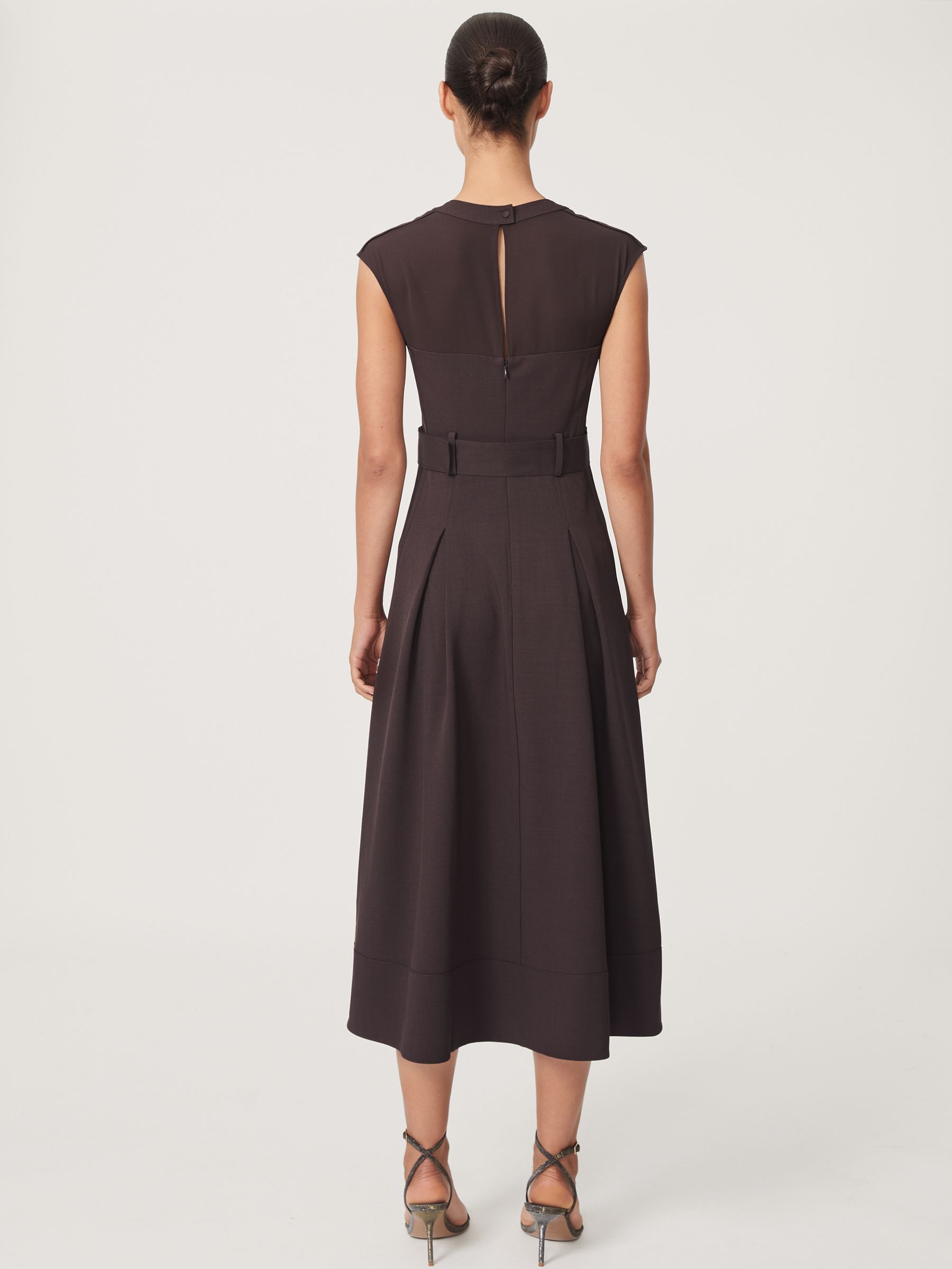 Petite Mesh-Panel Belted Pleated Midi Dress in Burgundy - Image 5 of 7