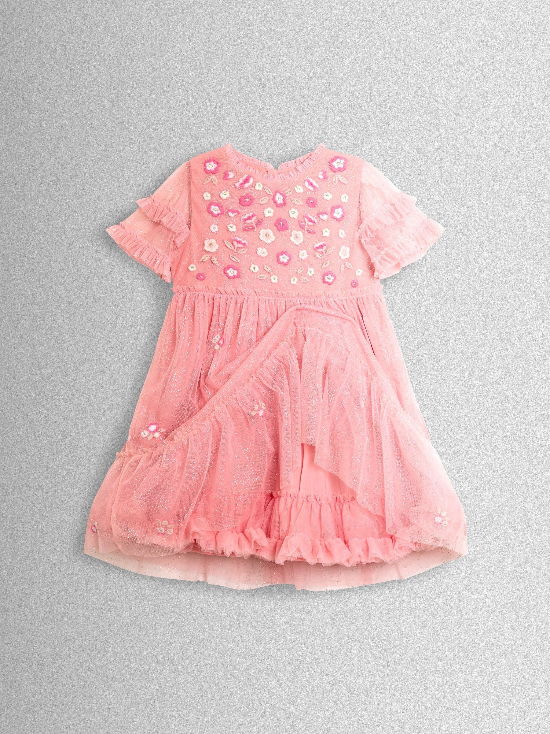 Light Pink Floral Embroidered Tiered Tulle Party Dress - Image 2 of 4