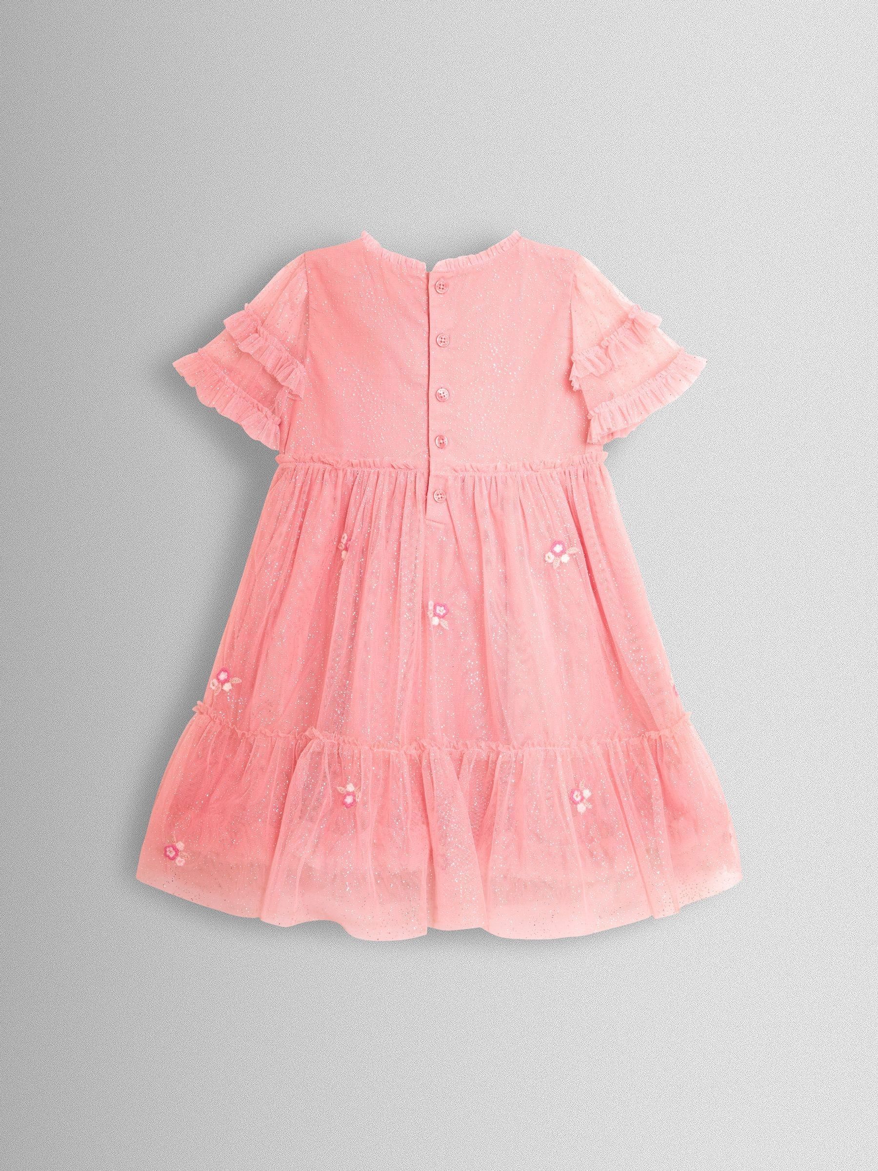 Light Pink Floral Embroidered Tiered Tulle Party Dress - Image 3 of 4