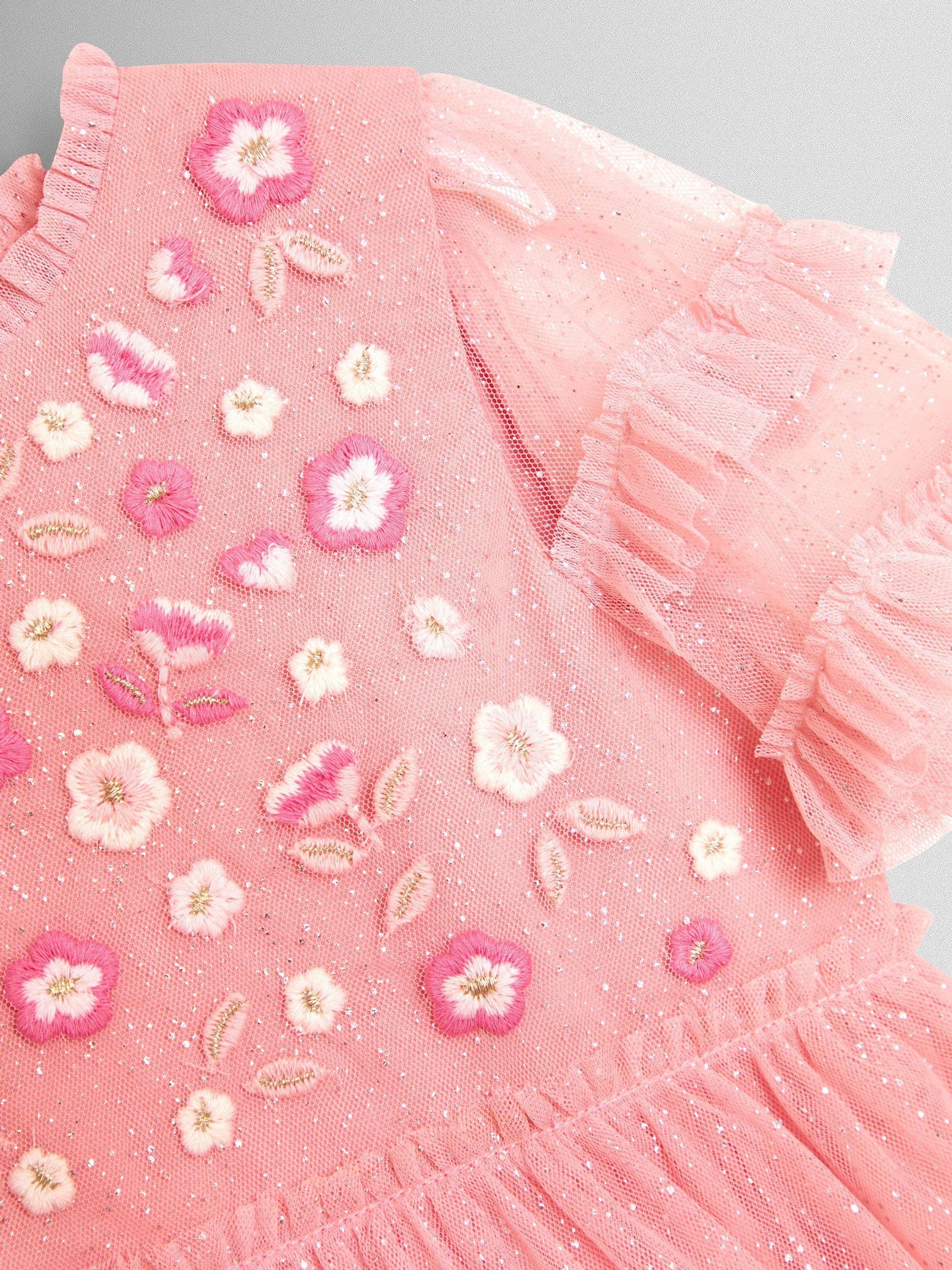 Light Pink Floral Embroidered Tiered Tulle Party Dress - Image 4 of 4