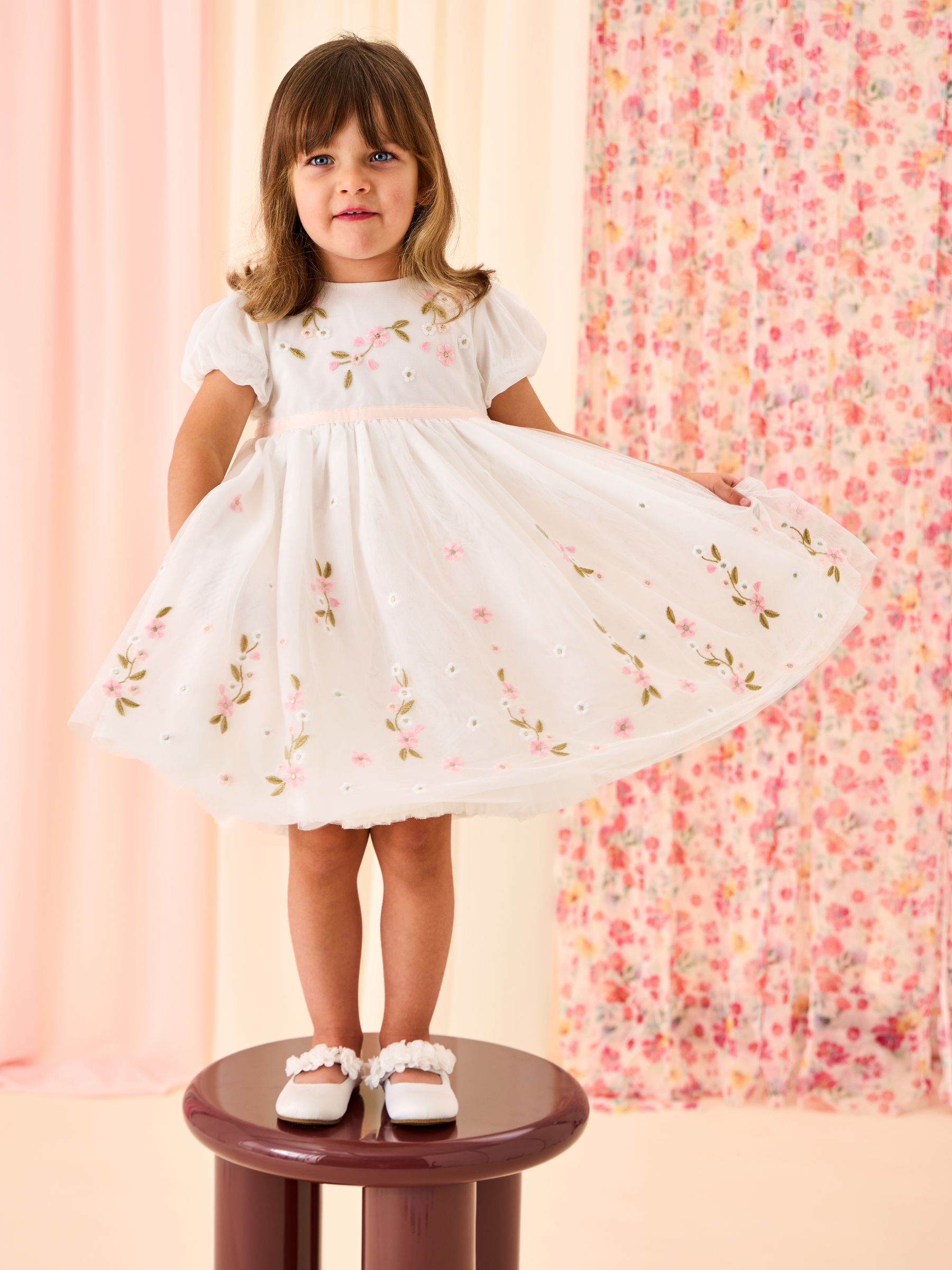White Floral Wildflower Embroidered Puff Sleeve Tulle Party Dress