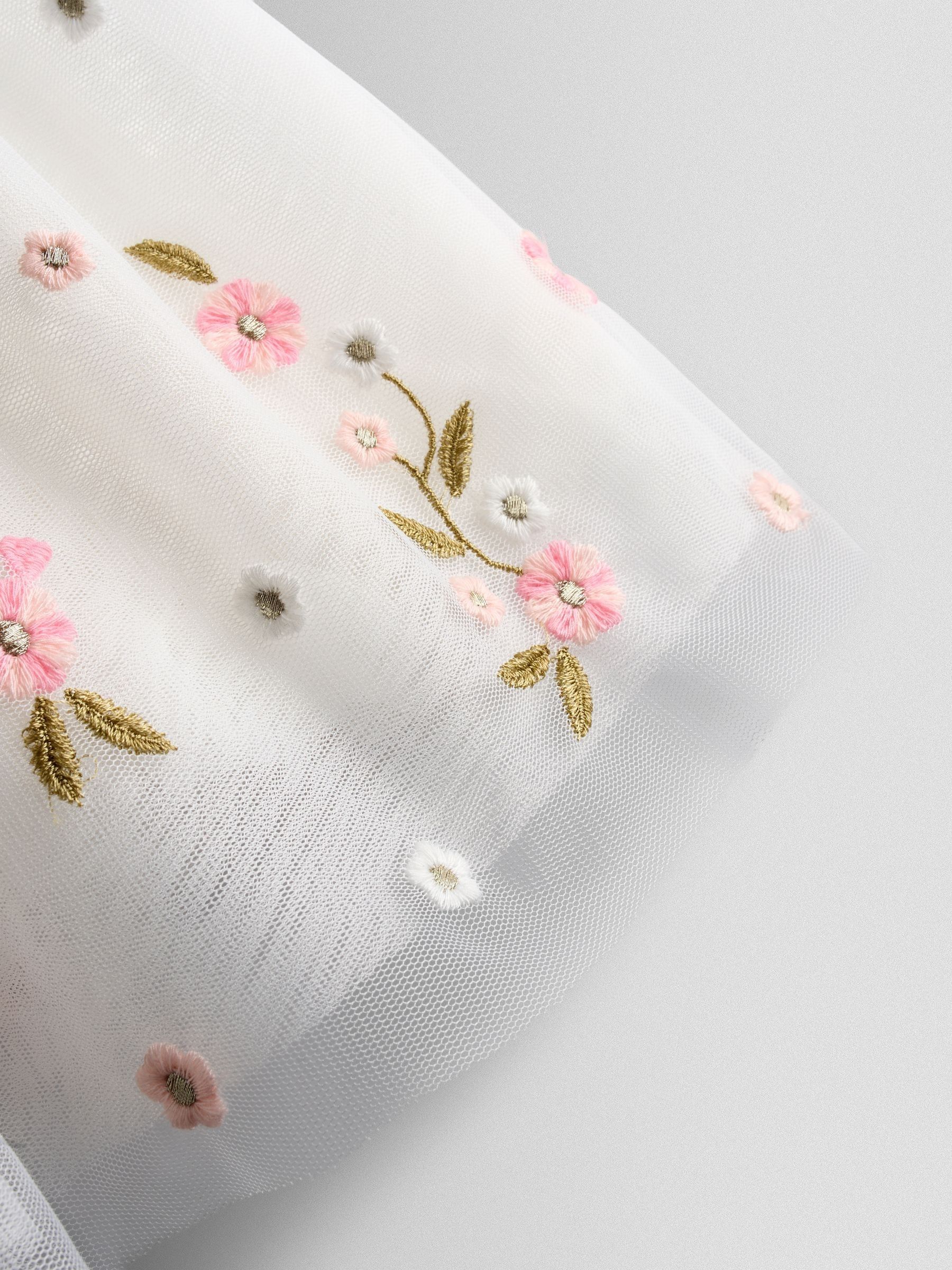 White Floral Wildflower Embroidered Puff Sleeve Tulle Party Dress - Image 6 of 6 White Floral Wildflower Embroidered Puff Sleeve Tulle Party Dress - Image 6 of 6