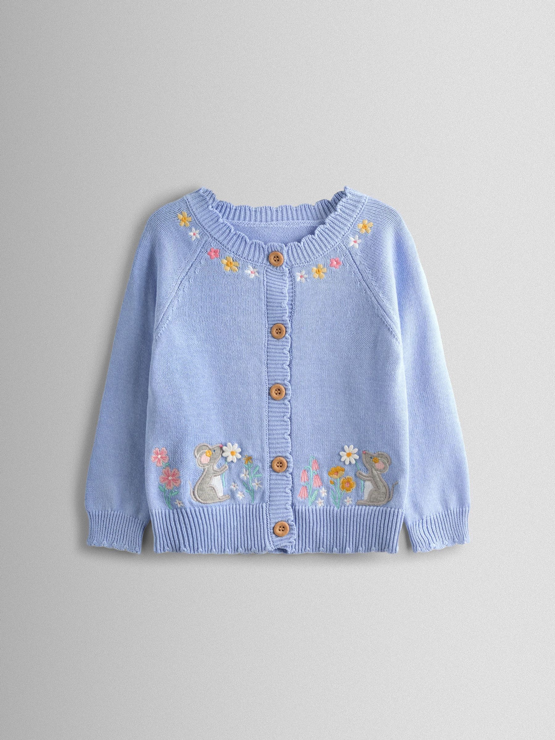 Mid Blue Mouse and Flower Embroidered Cardigan - Image 1 of 4