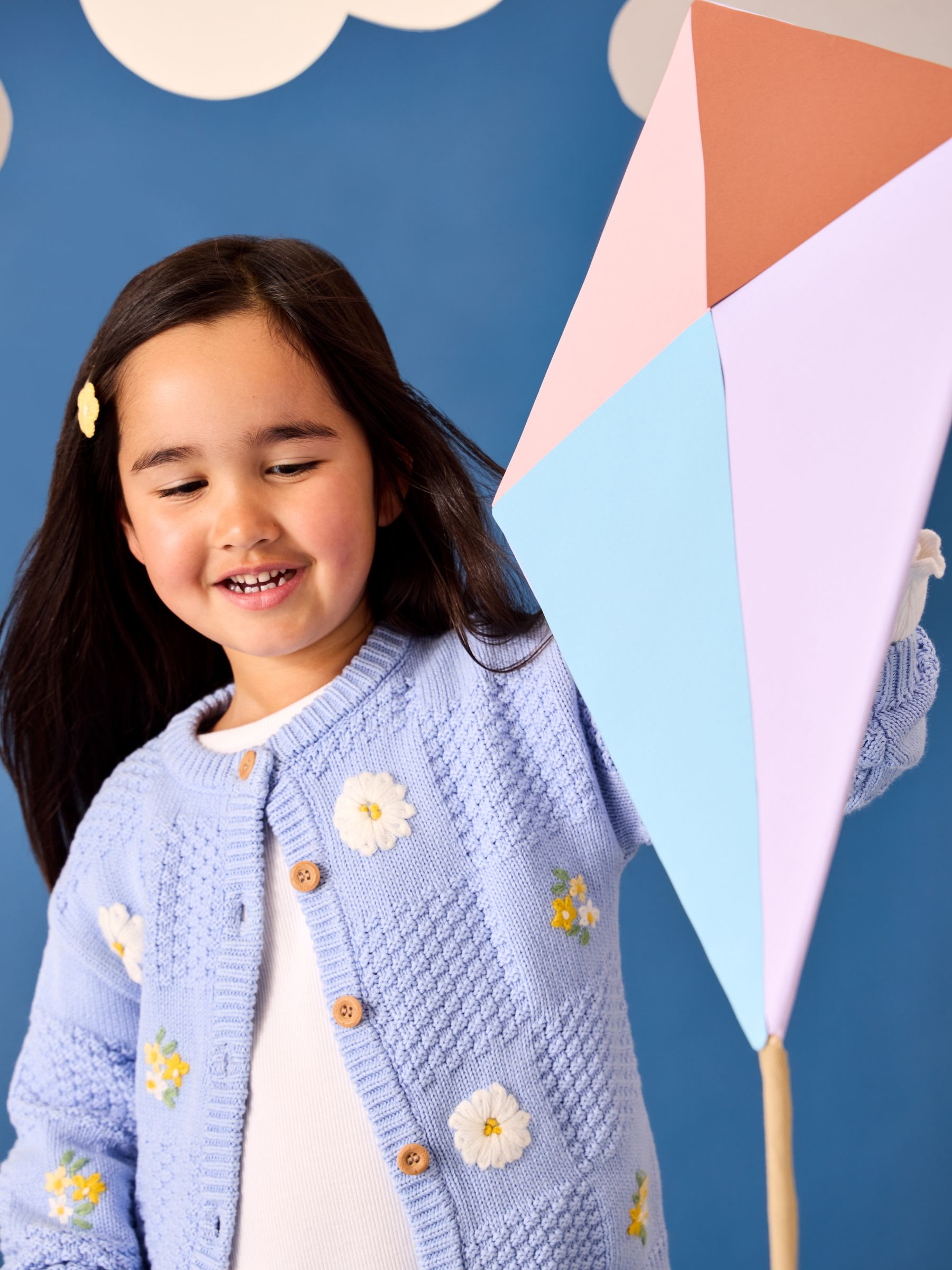 Mid Blue Embroidered Checkerboard Knit Cardigan - Image 1 of 5