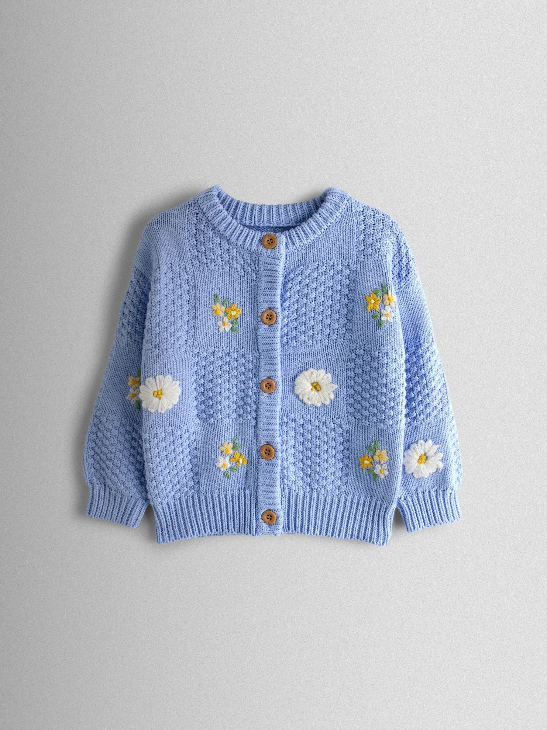 Mid Blue Embroidered Checkerboard Knit Cardigan - Image 2 of 5