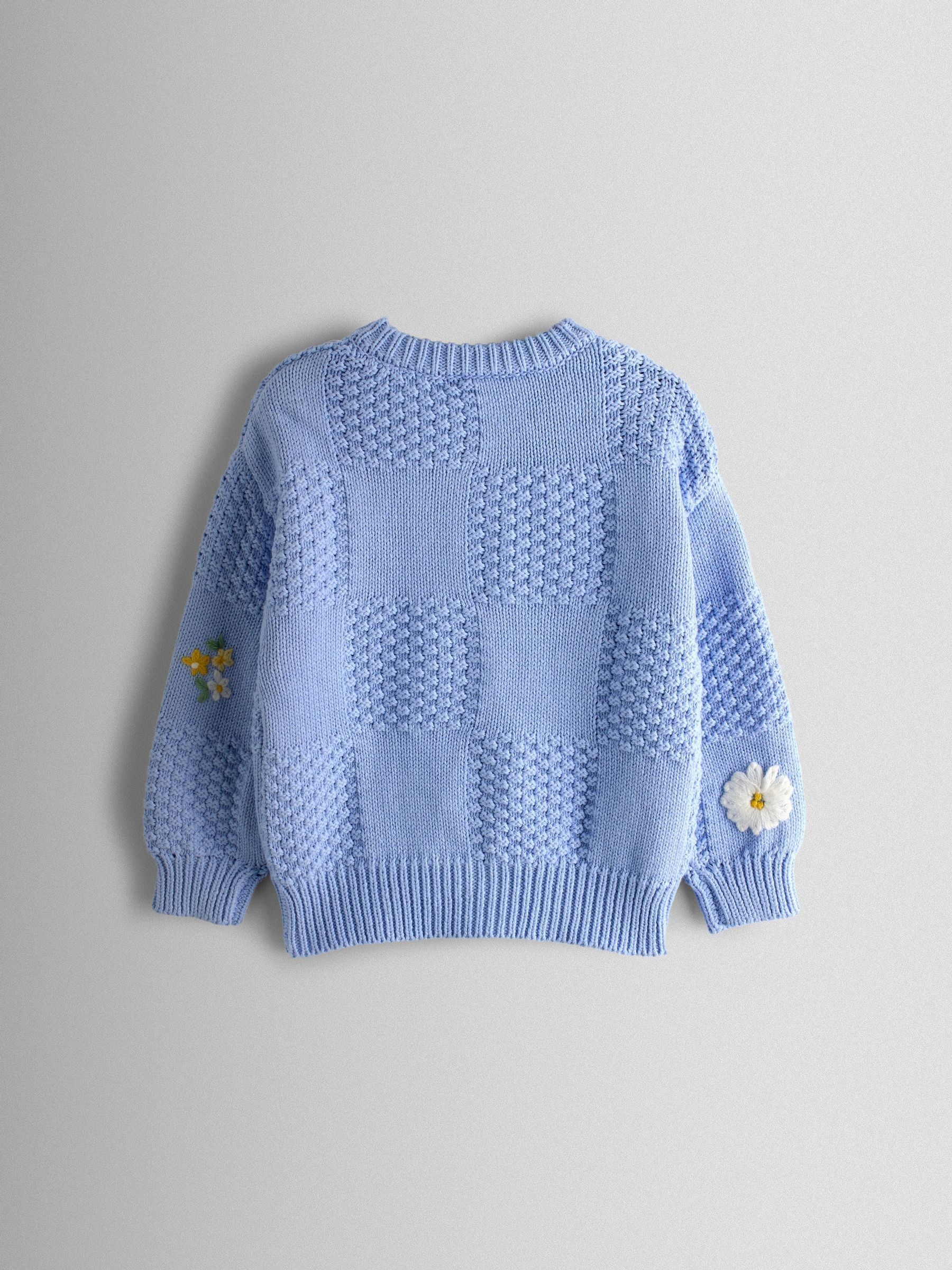 Mid Blue Embroidered Checkerboard Knit Cardigan - Image 3 of 5