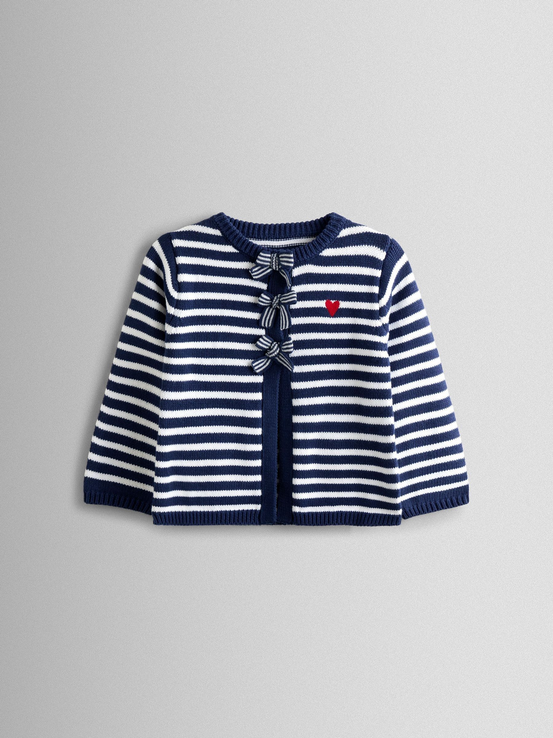 Navy Blue Bow Front Striped Classic Cotton Cardigan - Image 1 of 4