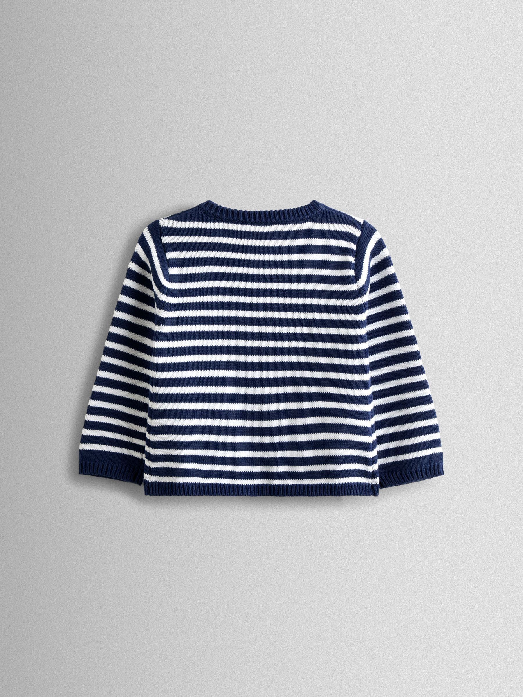 Navy Blue Bow Front Striped Classic Cotton Cardigan - Image 2 of 4