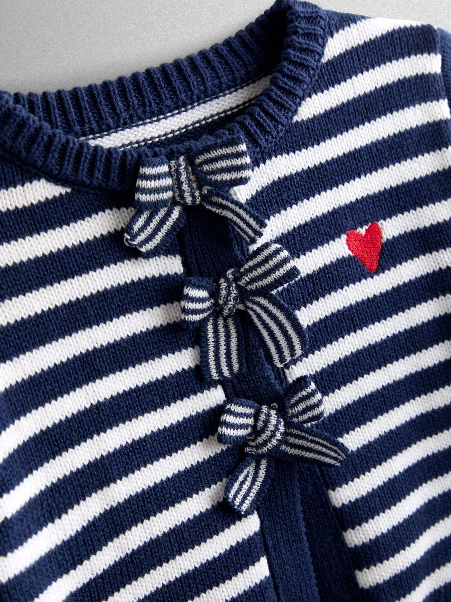 Navy Blue Bow Front Striped Classic Cotton Cardigan - Image 3 of 4