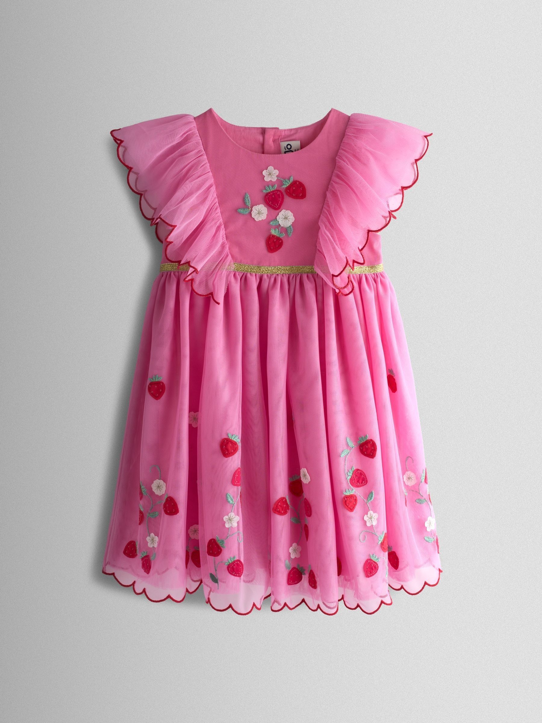 Bright Pink Strawberry Wildflower Embroidered Puff Sleeve Tulle Party Dress | JoJo Maman Bb USA Bright Pink Strawberry Wildflower Embroidered Puff Sleeve Tulle Party Dress | JoJo Maman Bb USA