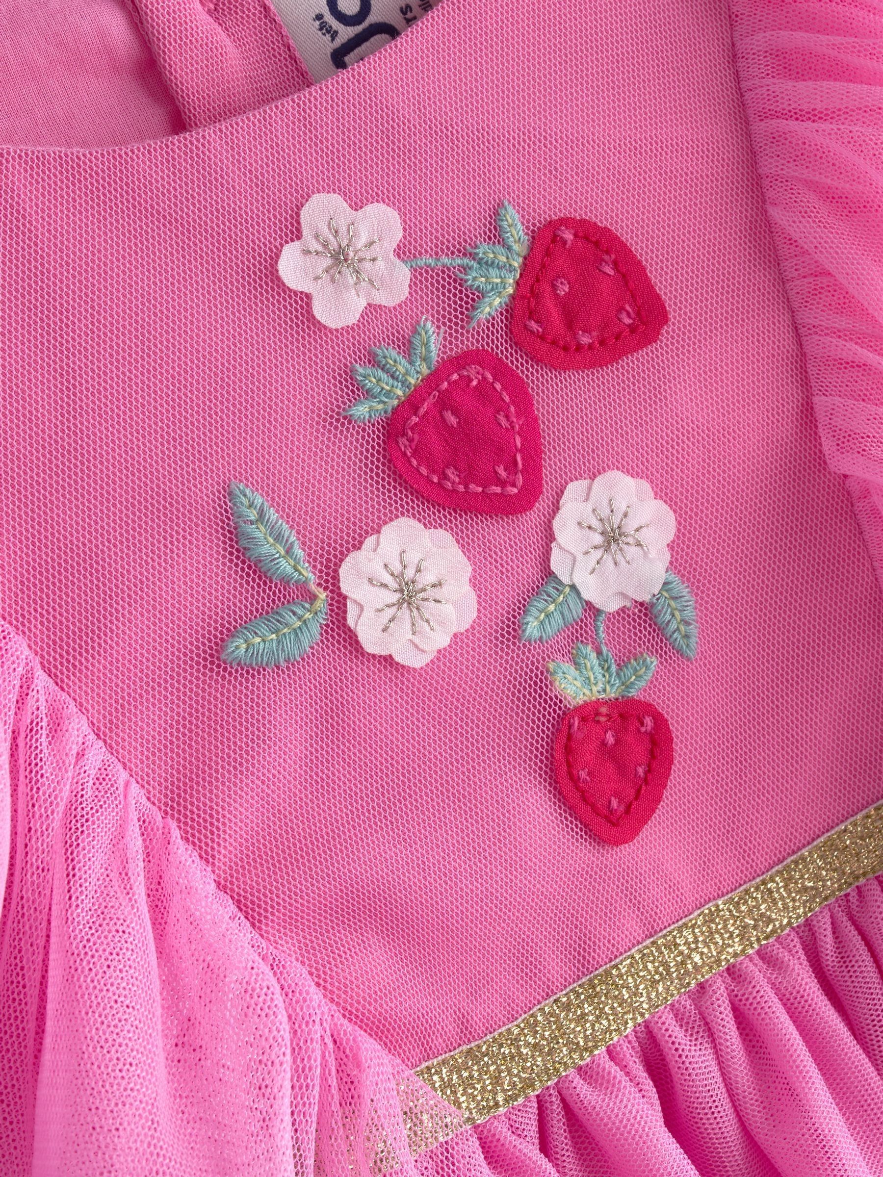 Bright Pink Strawberry Wildflower Embroidered Puff Sleeve Tulle