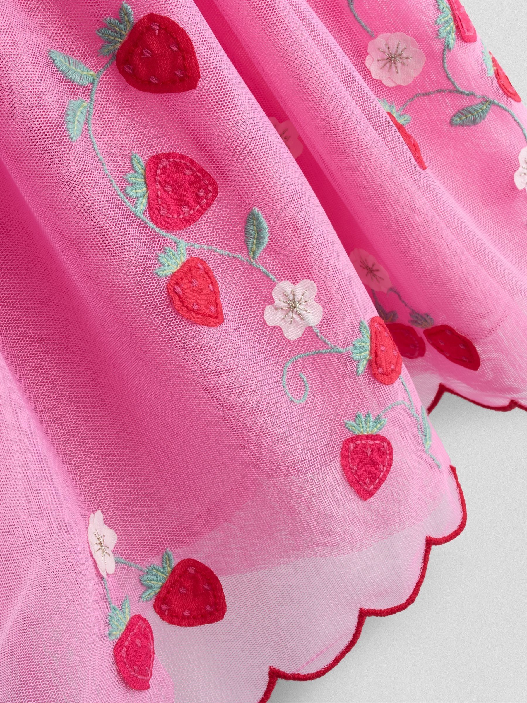 Bright Pink Strawberry Wildflower Embroidered Puff Sleeve Tulle
