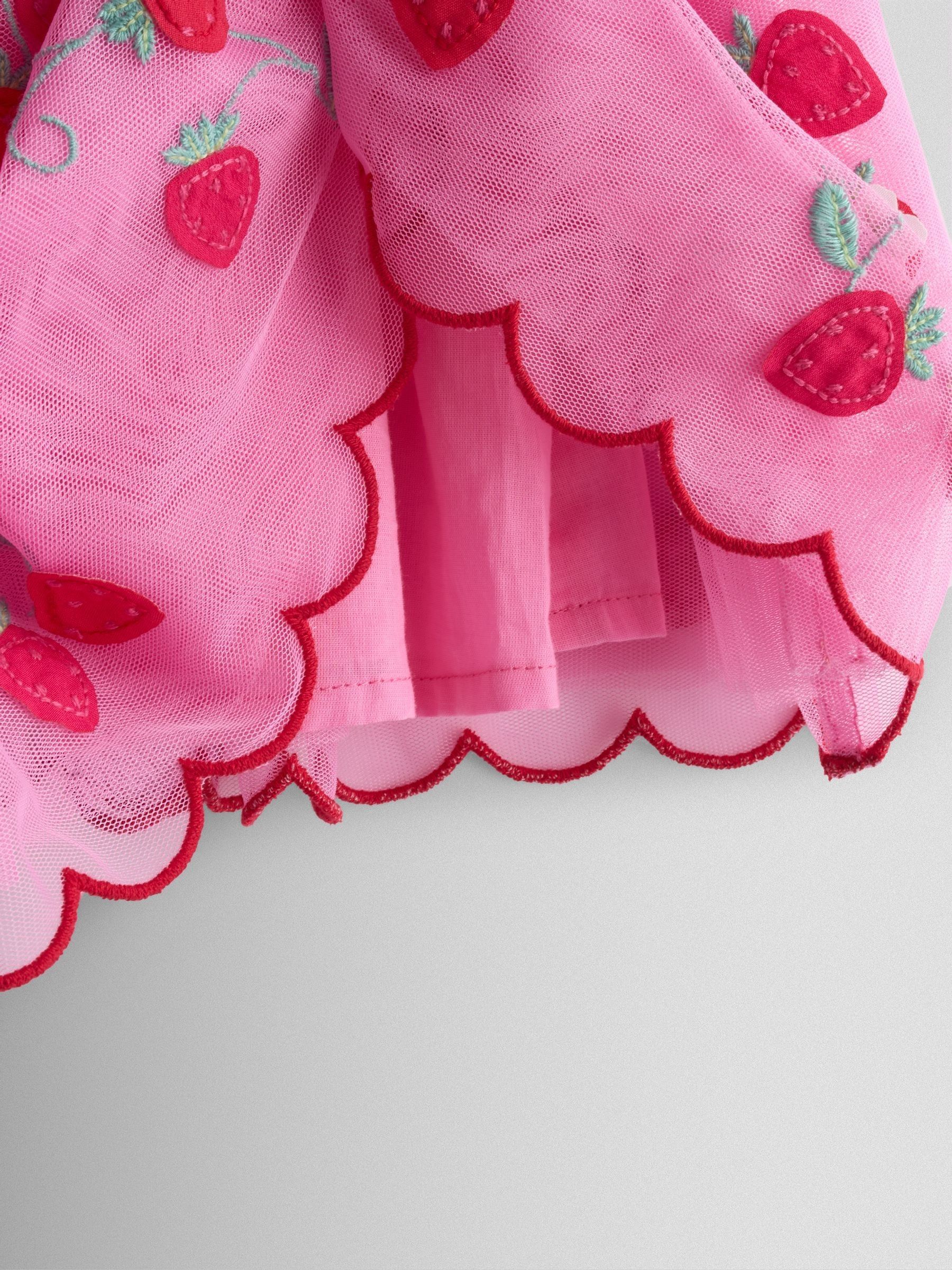 Bright Pink Strawberry Wildflower Embroidered Puff Sleeve Tulle