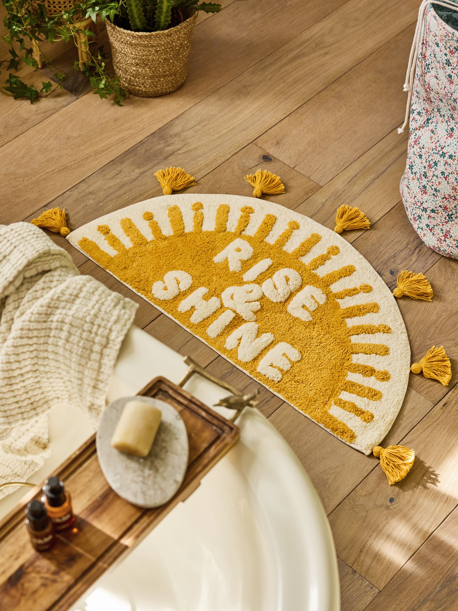 Yellow Sunshine Slogan 100% Cotton Bath Mat - Image 3 of 4
