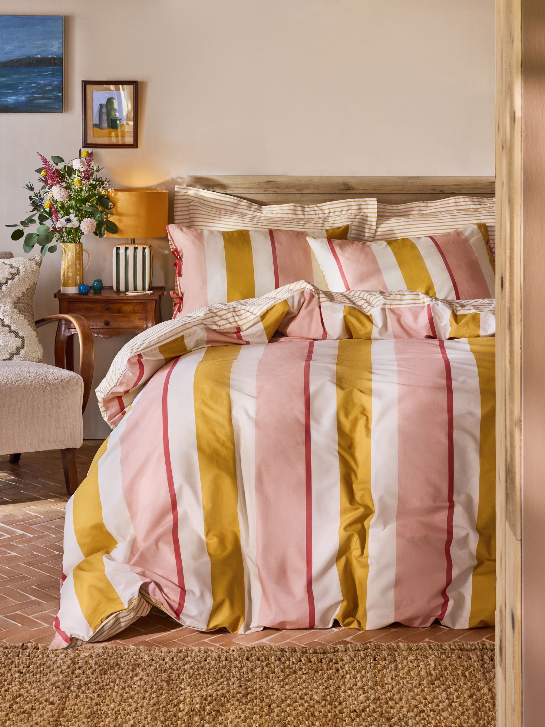 Pink/Ochre Stripe Bows Duvet Cover and Pillowcase Set - Image 1 of 6