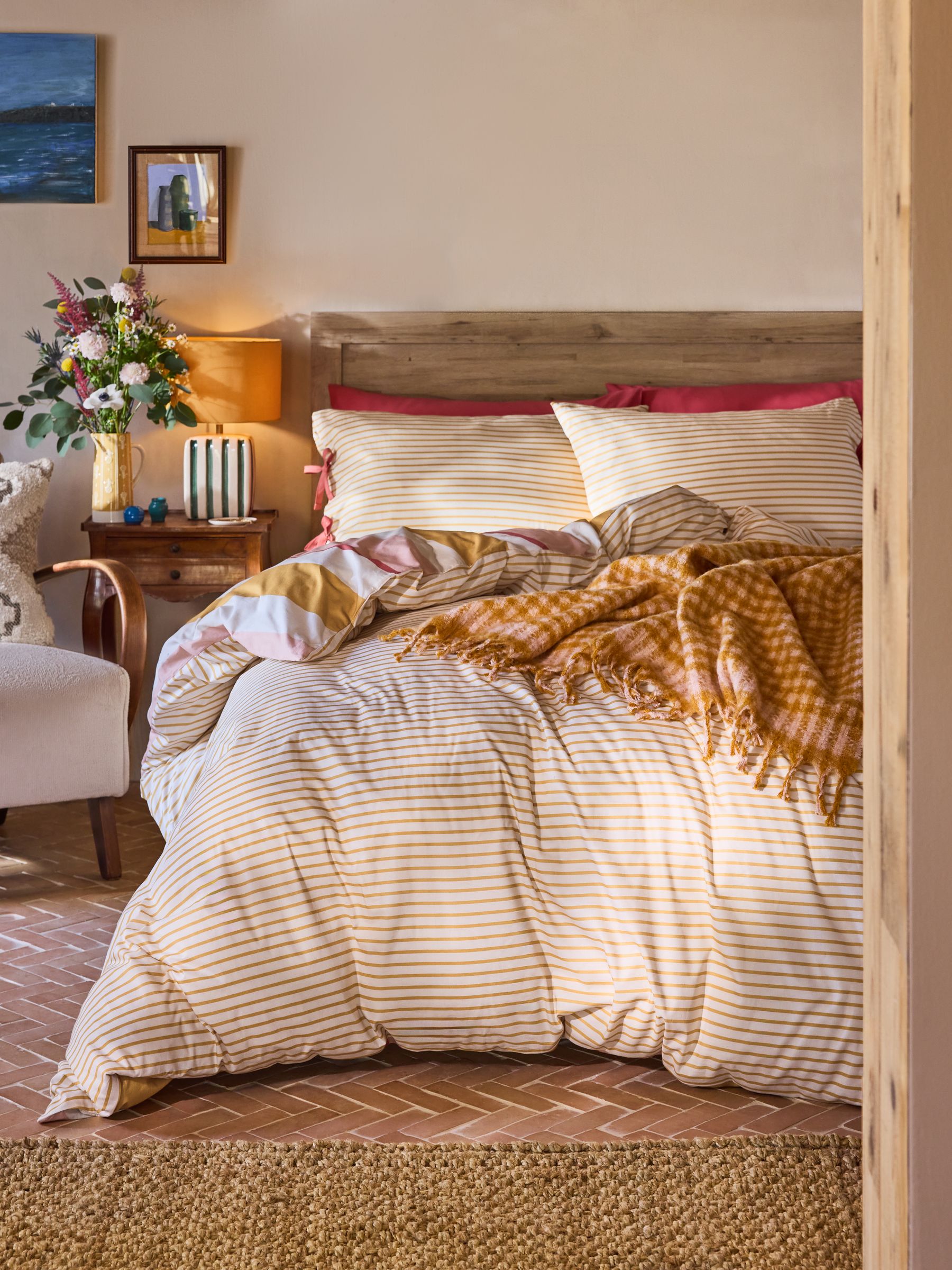 Pink/Ochre Stripe Bows Duvet Cover and Pillowcase Set - Image 2 of 6