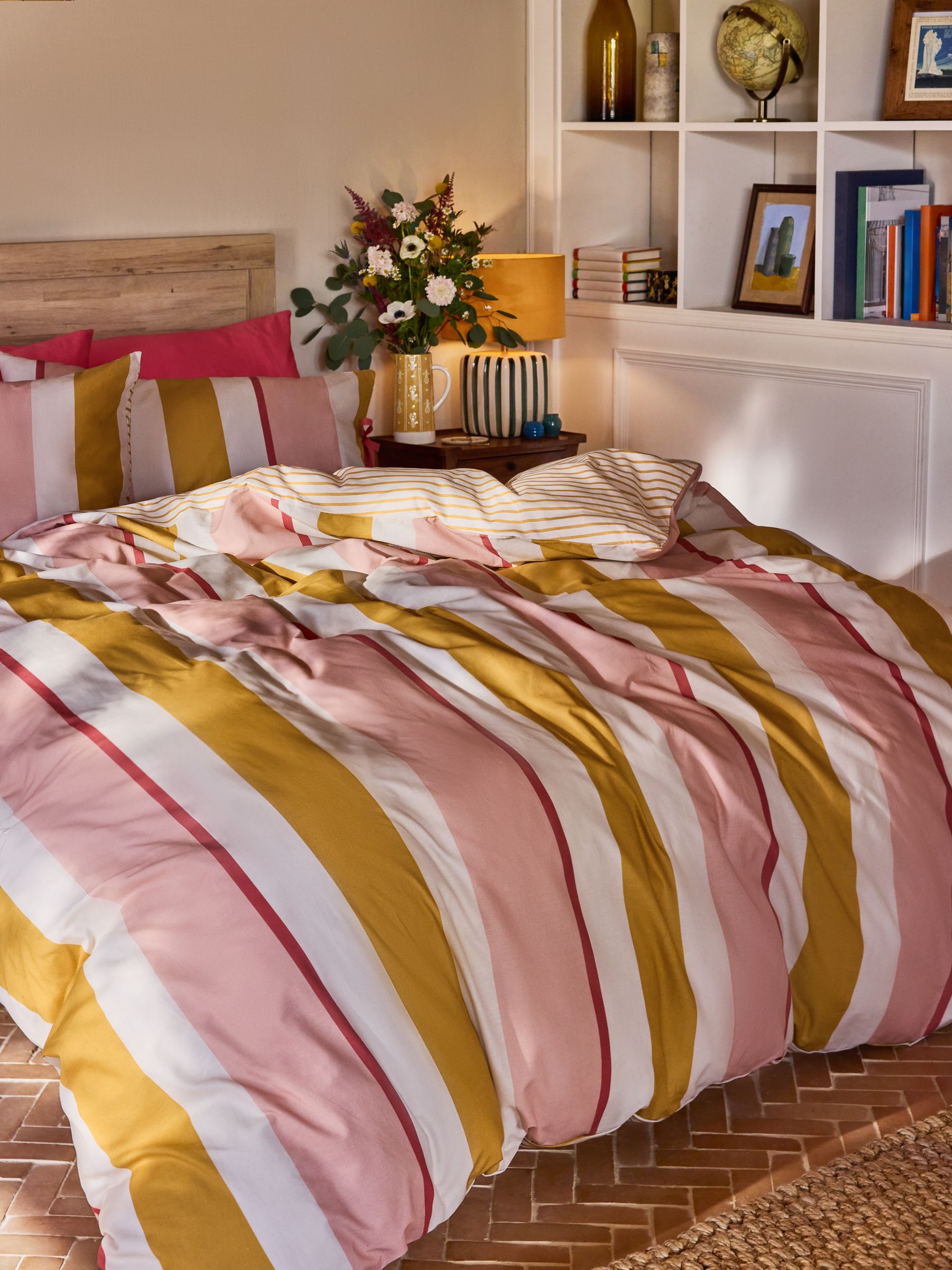 Pink/Ochre Stripe Bows Duvet Cover and Pillowcase Set - Image 3 of 6