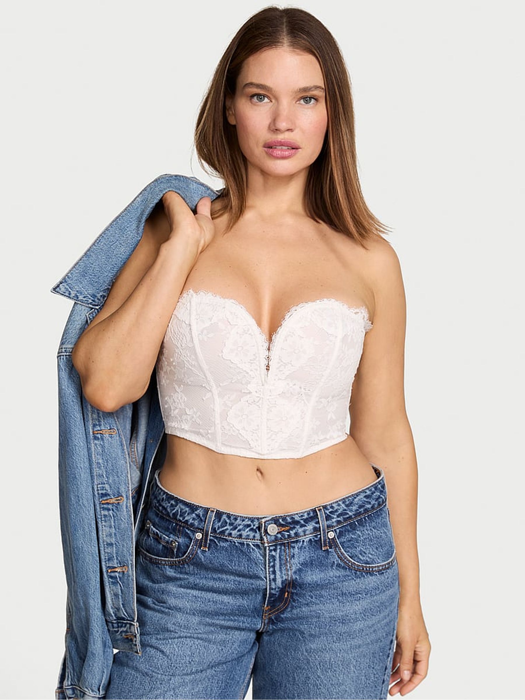 Coconut White Lace Deep V-Cropped Corset Top - Image 1 of 2
