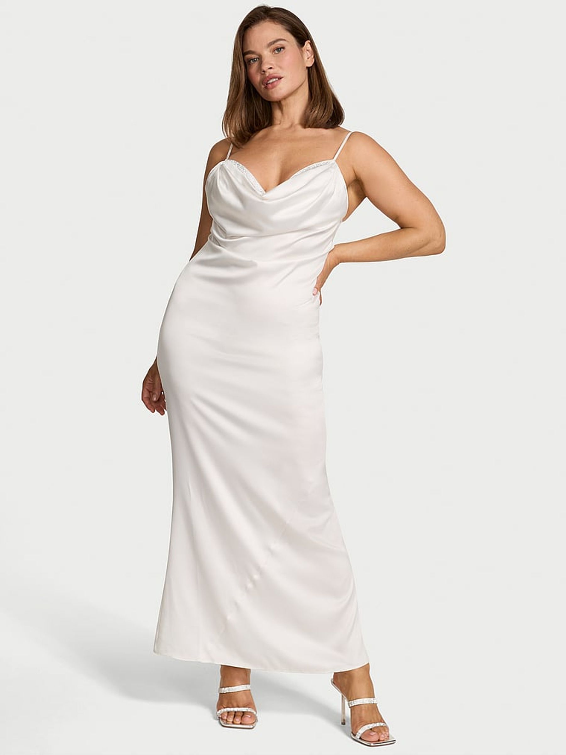 Coconut White Satin Sparkle Draped Maxi Slip Dress - Image 1 of 3