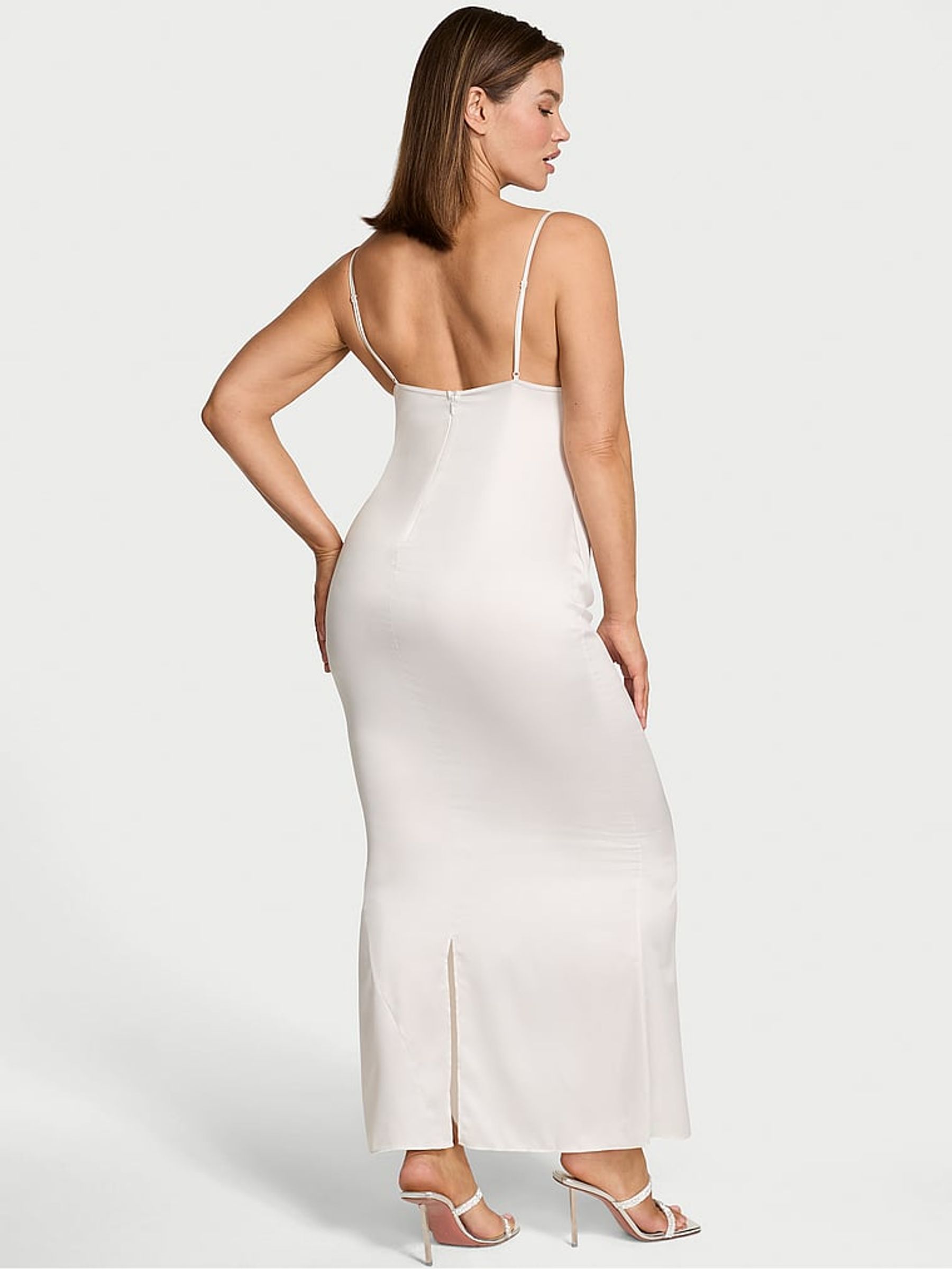 Coconut White Satin Sparkle Draped Maxi Slip Dress - Image 2 of 3