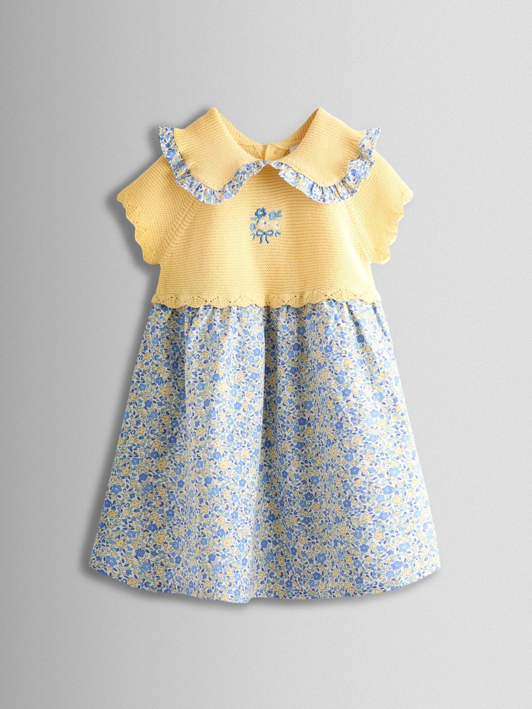 Yellow Floral Embroidered Frill Collar Knitted Combo Dress - Image 1 of 4