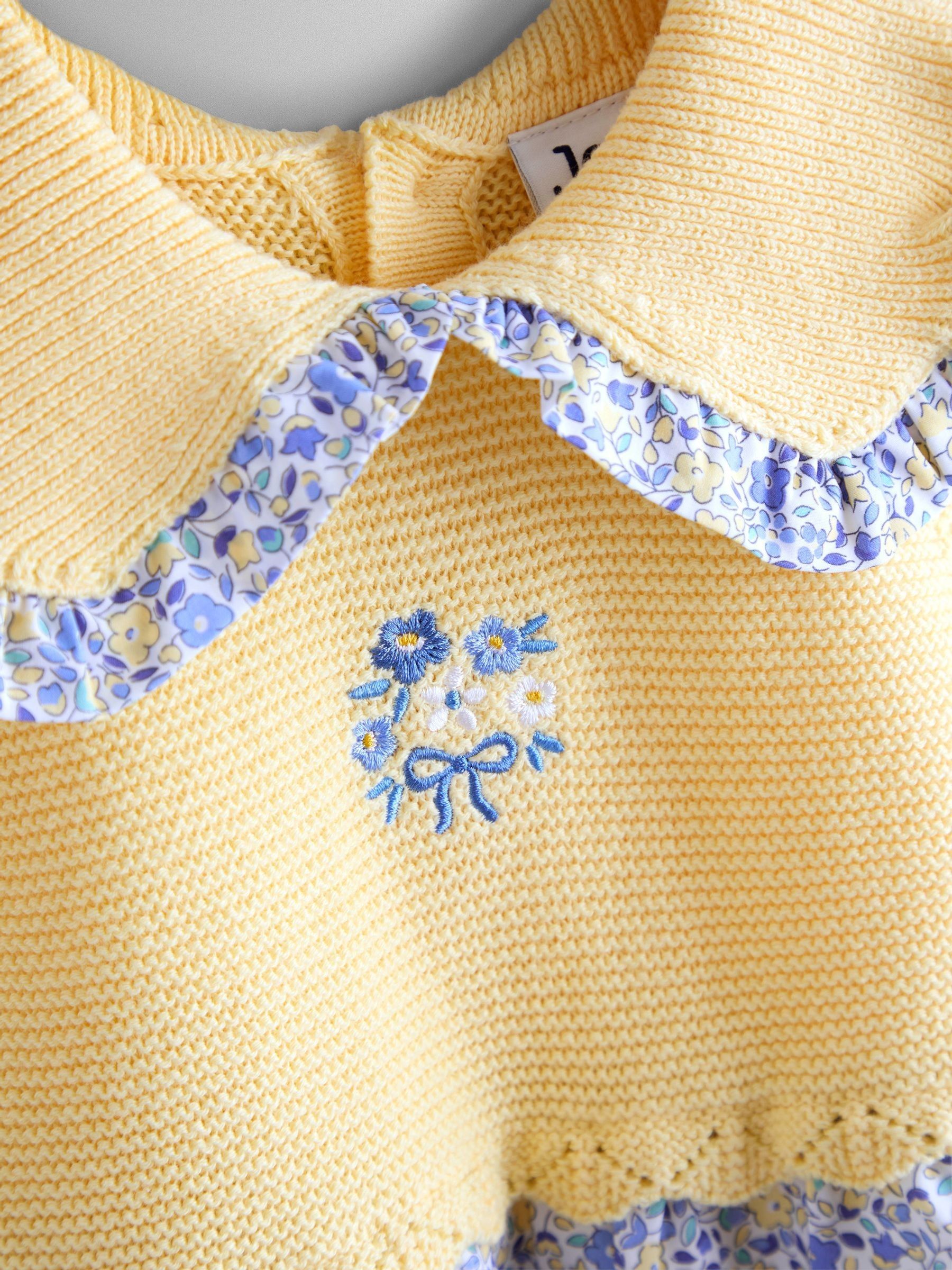 Yellow Floral Embroidered Frill Collar Knitted Combo Dress - Image 2 of 4