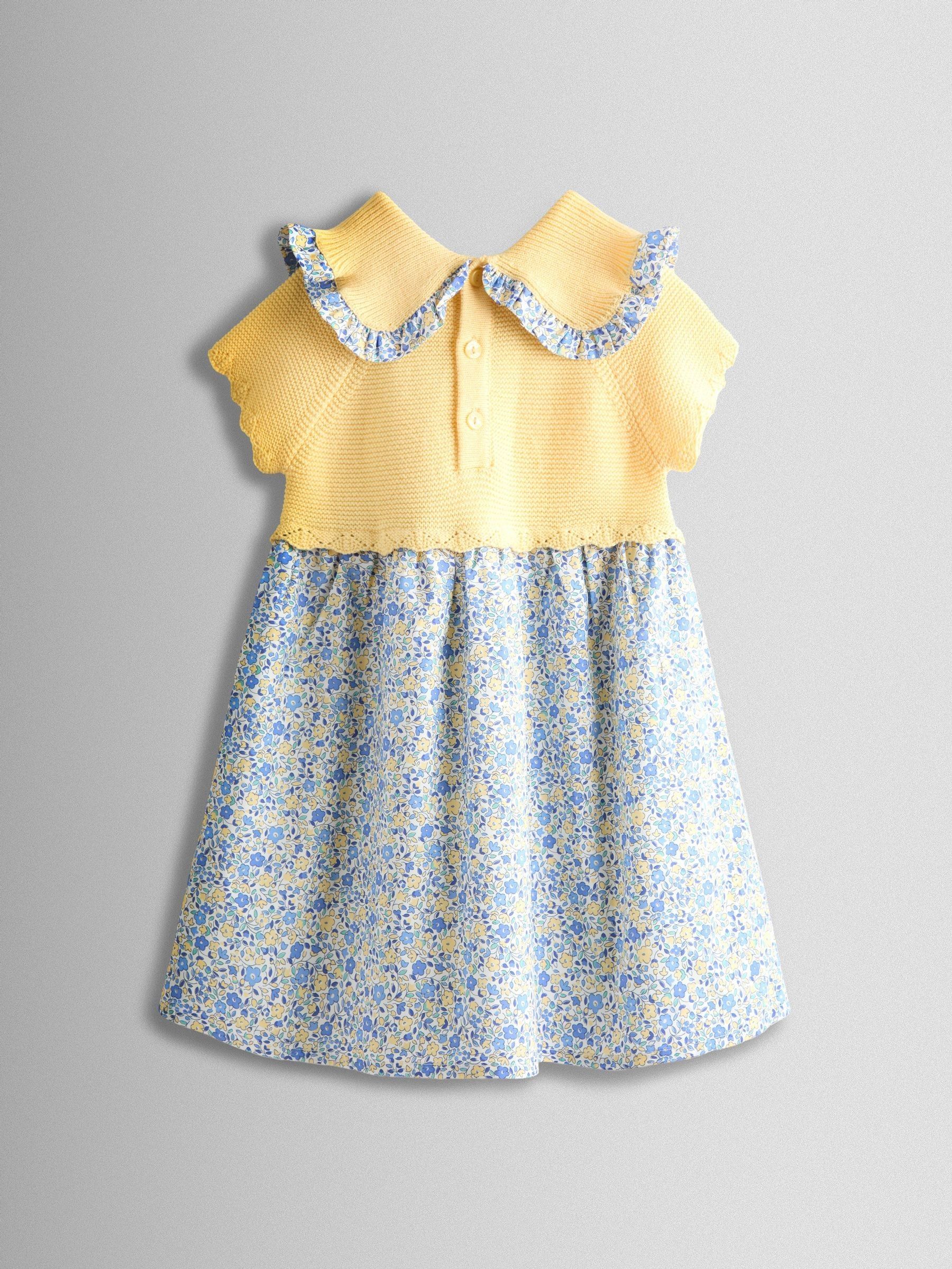 Yellow Floral Embroidered Frill Collar Knitted Combo Dress - Image 4 of 4
