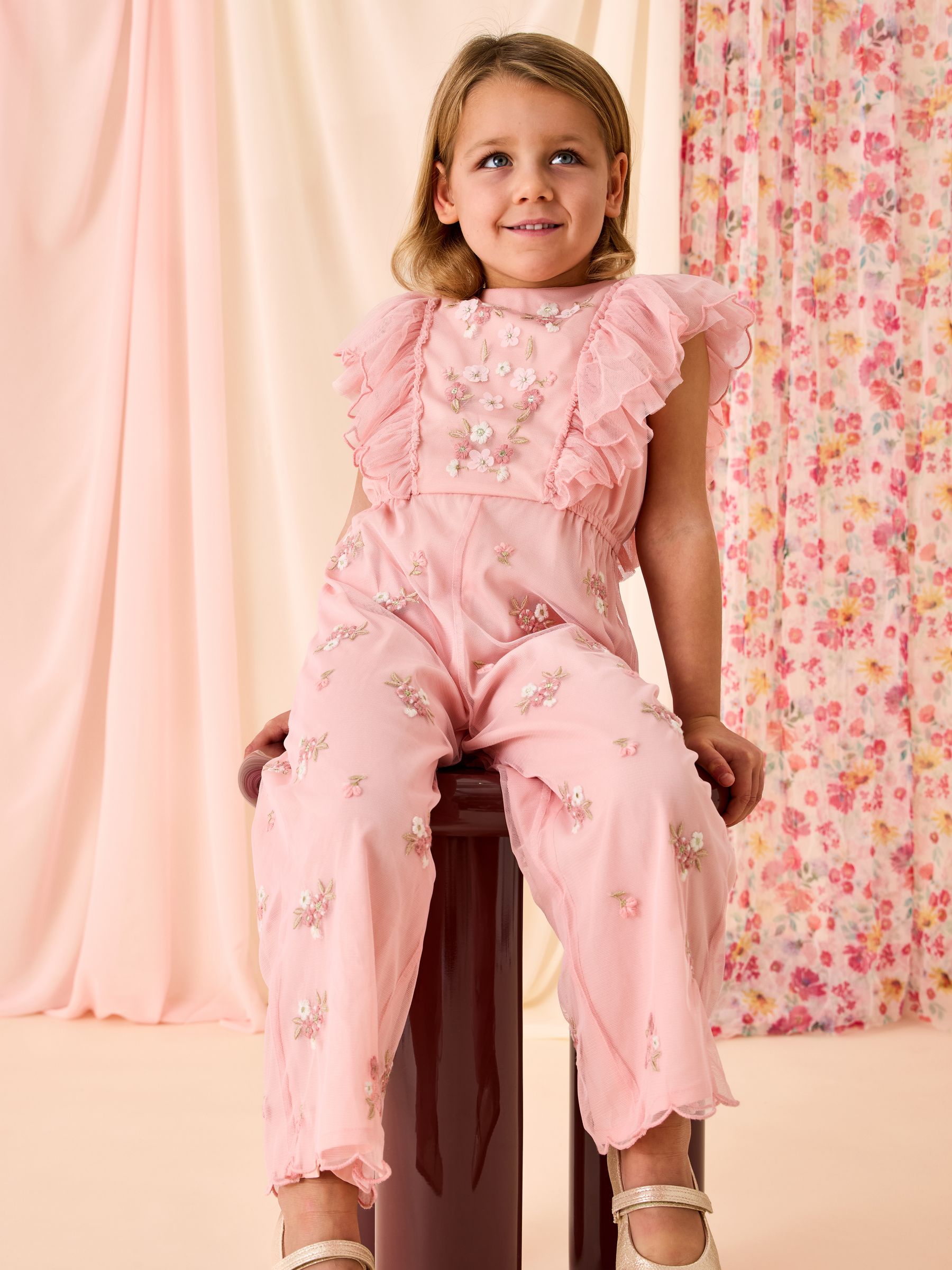 Light Pink Tulle Embroidered Party Jumpsuit - Image 1 of 4 Light Pink Tulle Embroidered Party Jumpsuit - Image 1 of 4