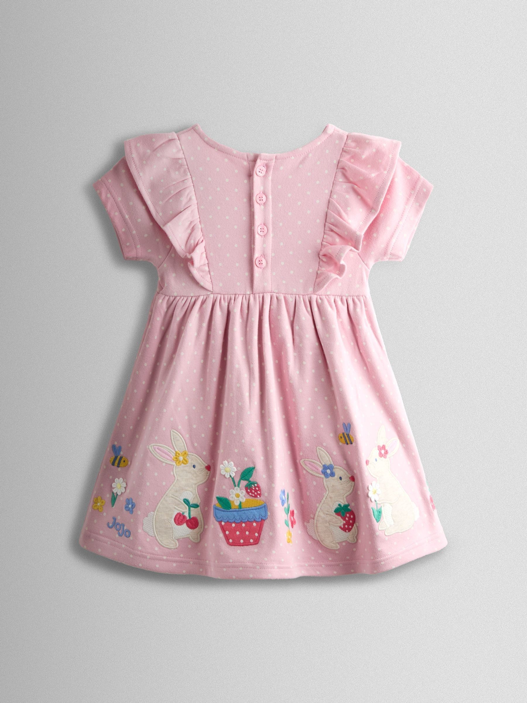 Rose Pink Bunny Appliqué Ruffle Shoulder Dress - Image 2 of 4