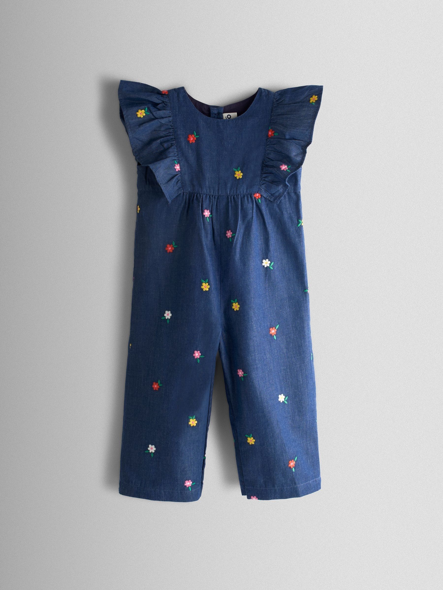 Chambray Blue Embroidered Frill Sleeve Jumpsuit - Image 1 of 4