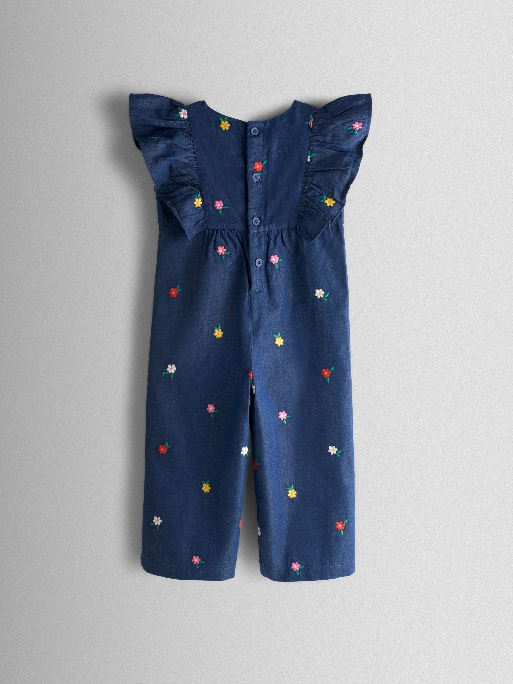 Chambray Blue Embroidered Frill Sleeve Jumpsuit - Image 2 of 4