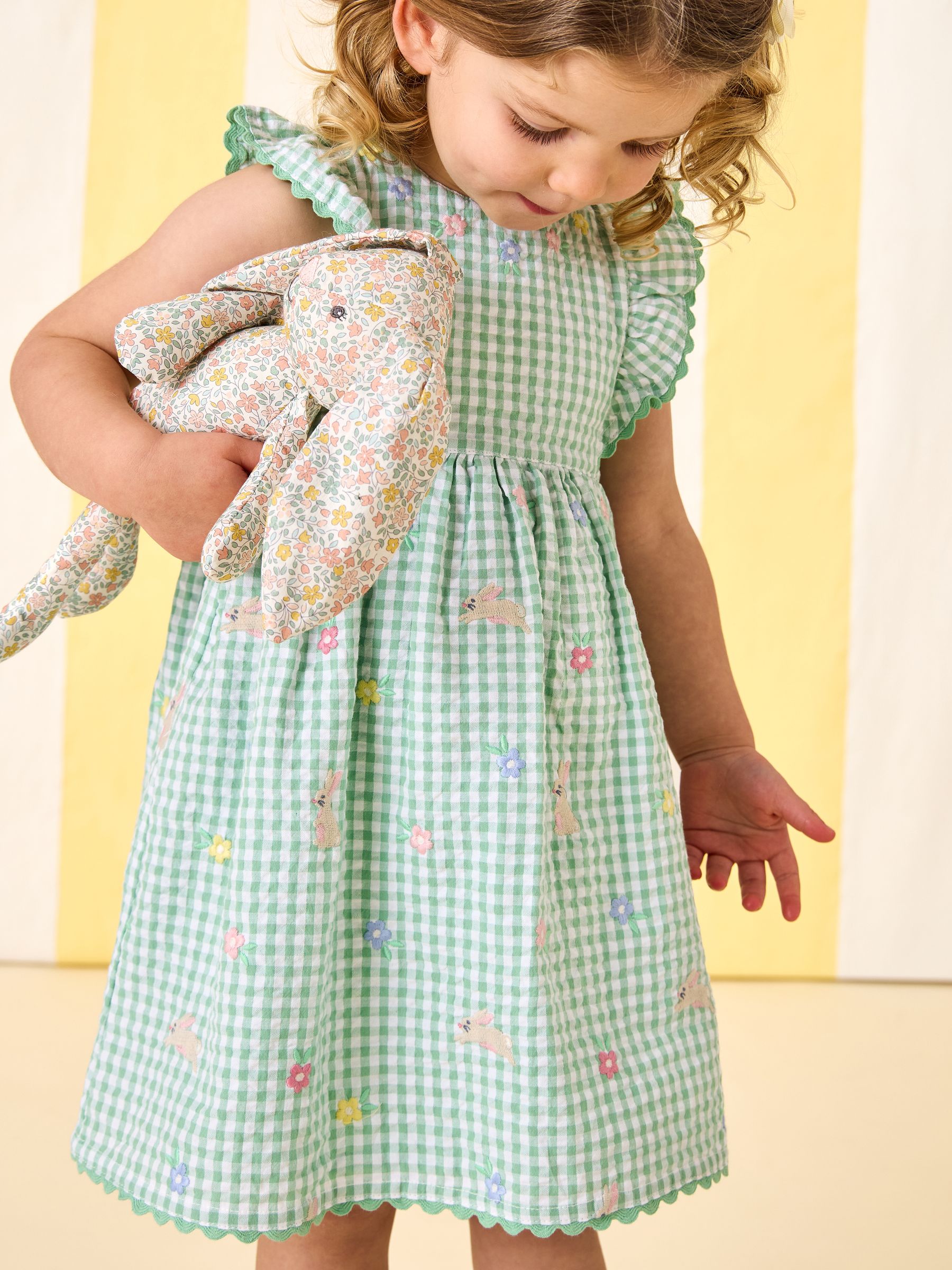 Light Green Bunny and Flower Embroidered Frill Shoulder Dress - Image 1 of 1