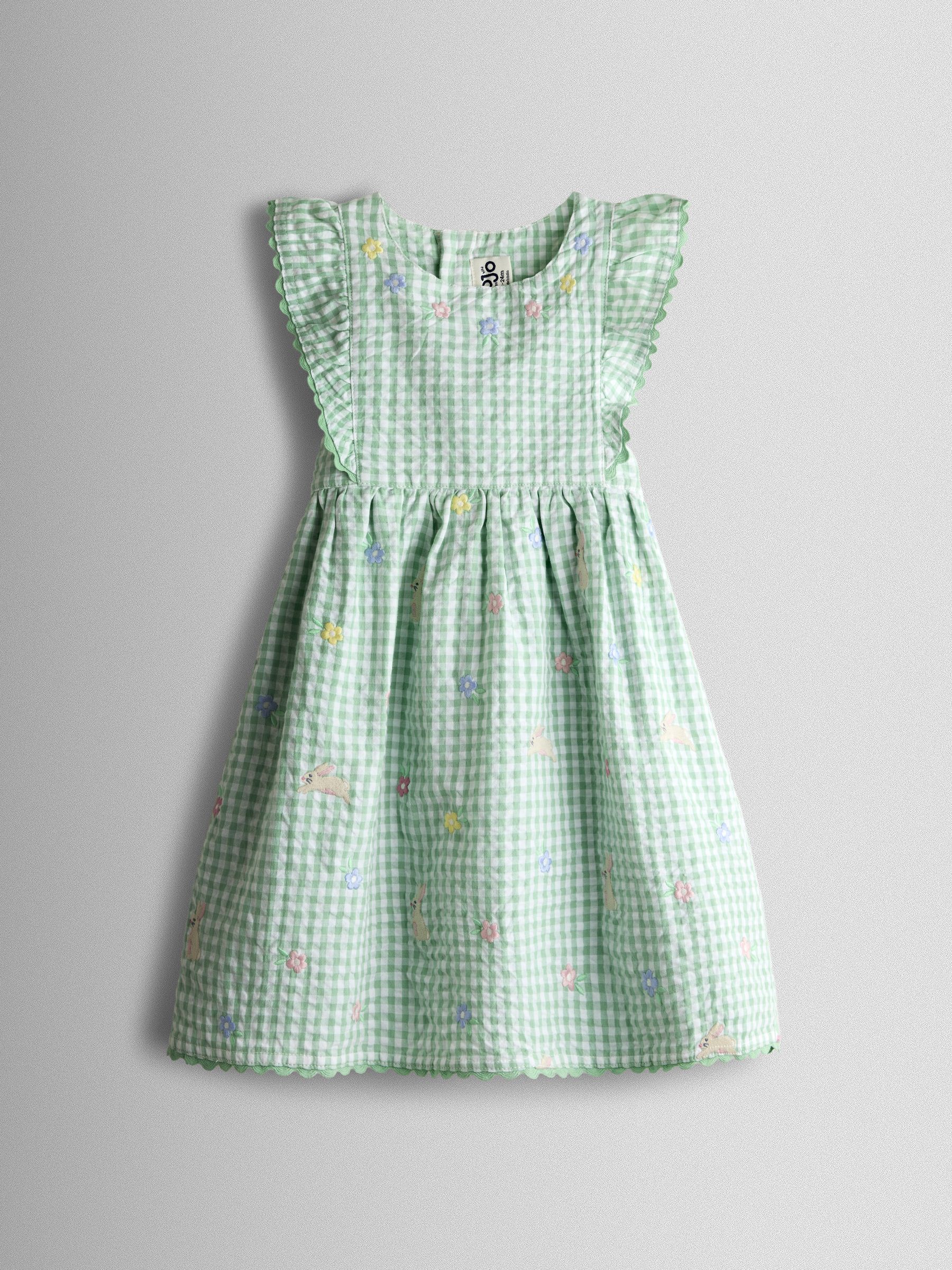 Light Green Bunny and Flower Embroidered Frill Shoulder Dress - Image 2 of 5