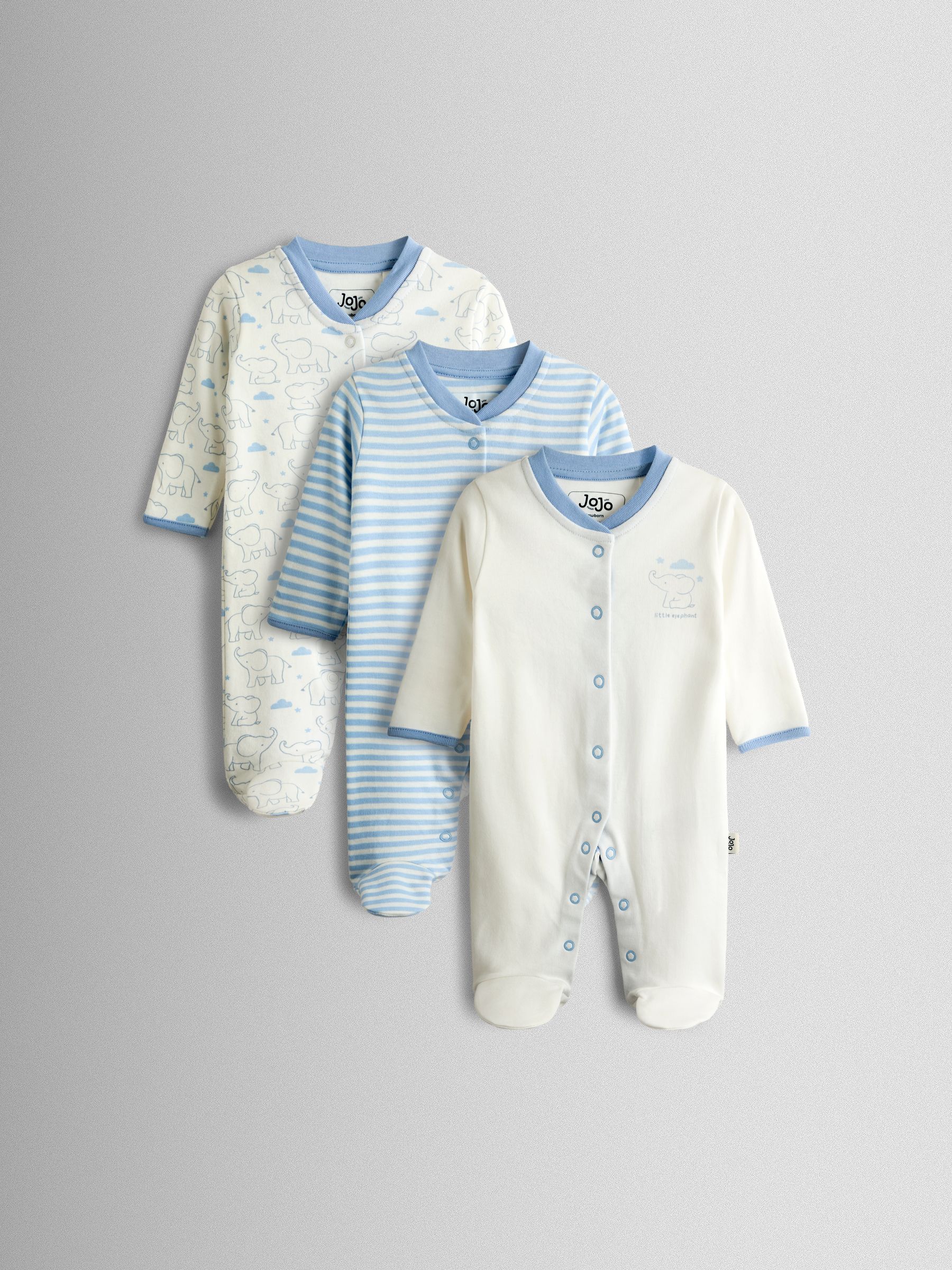 Blue Elephant Cotton Footed 3 Pack Sleepsuit - Image 1 of 10