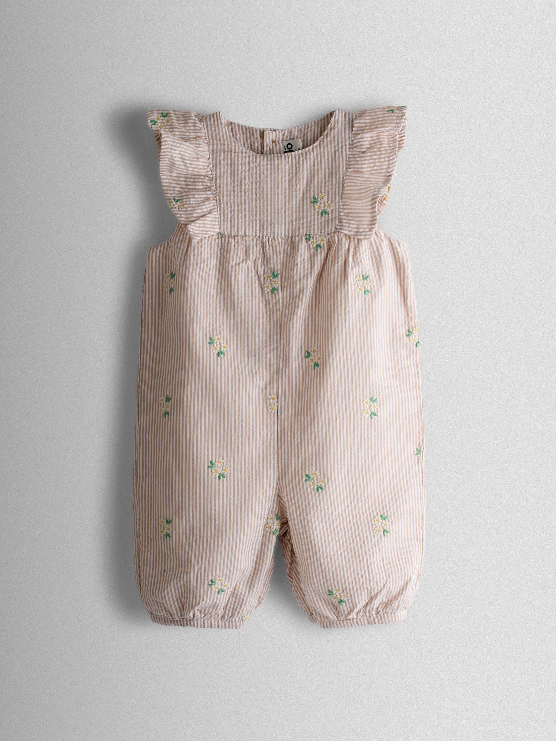 Natural Frill Shoulder Embroidered Romper - Image 1 of 4 Natural Frill Shoulder Embroidered Romper - Image 1 of 4