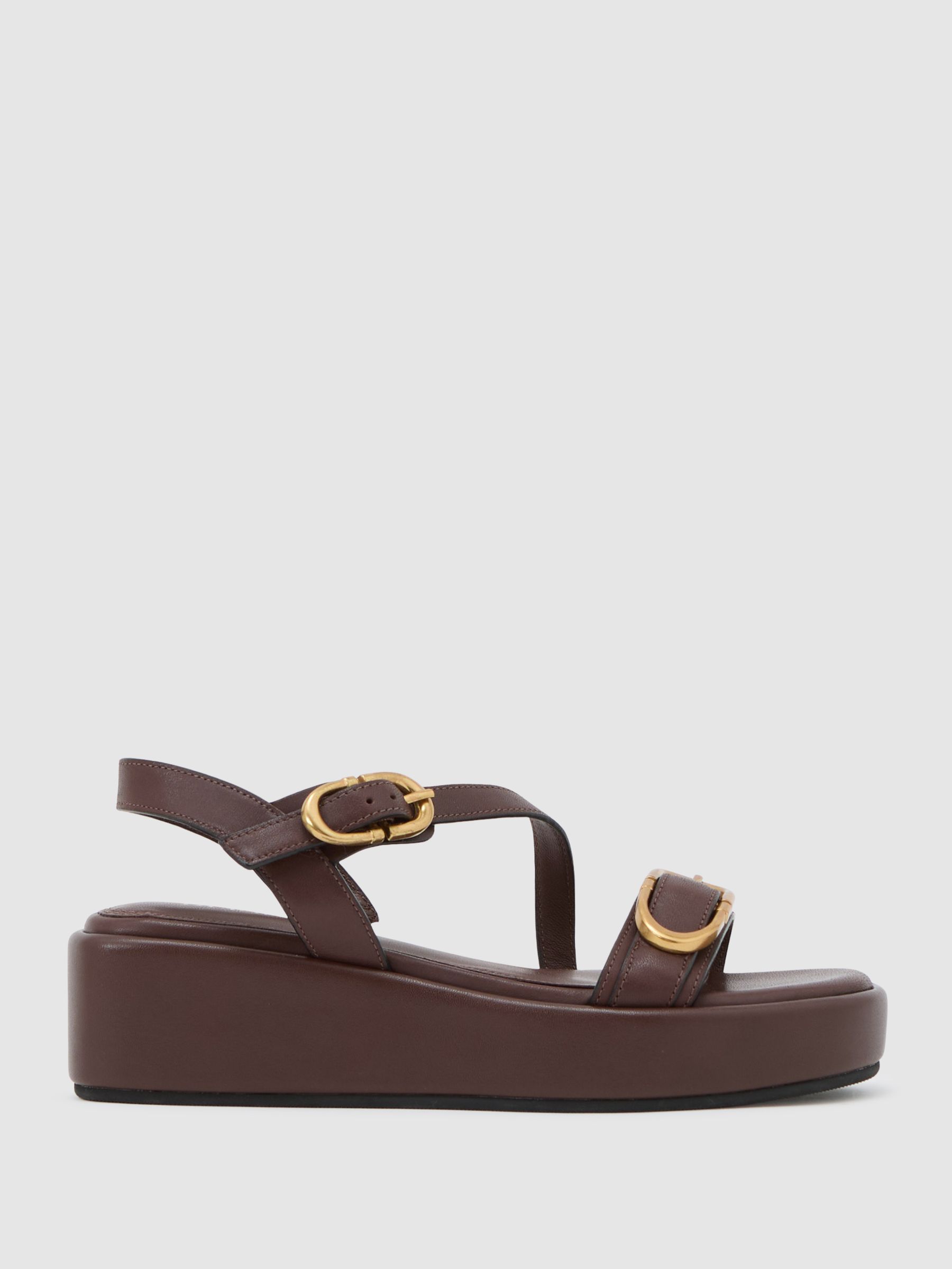 Leather Double-Buckle Flatform Sandals in Chocolate - Image 1 of 5