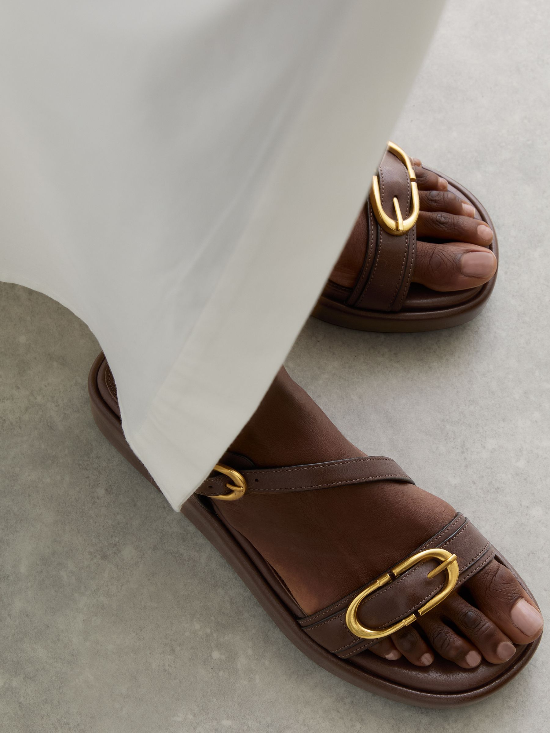 Leather Double-Buckle Flatform Sandals in Chocolate - Image 3 of 5