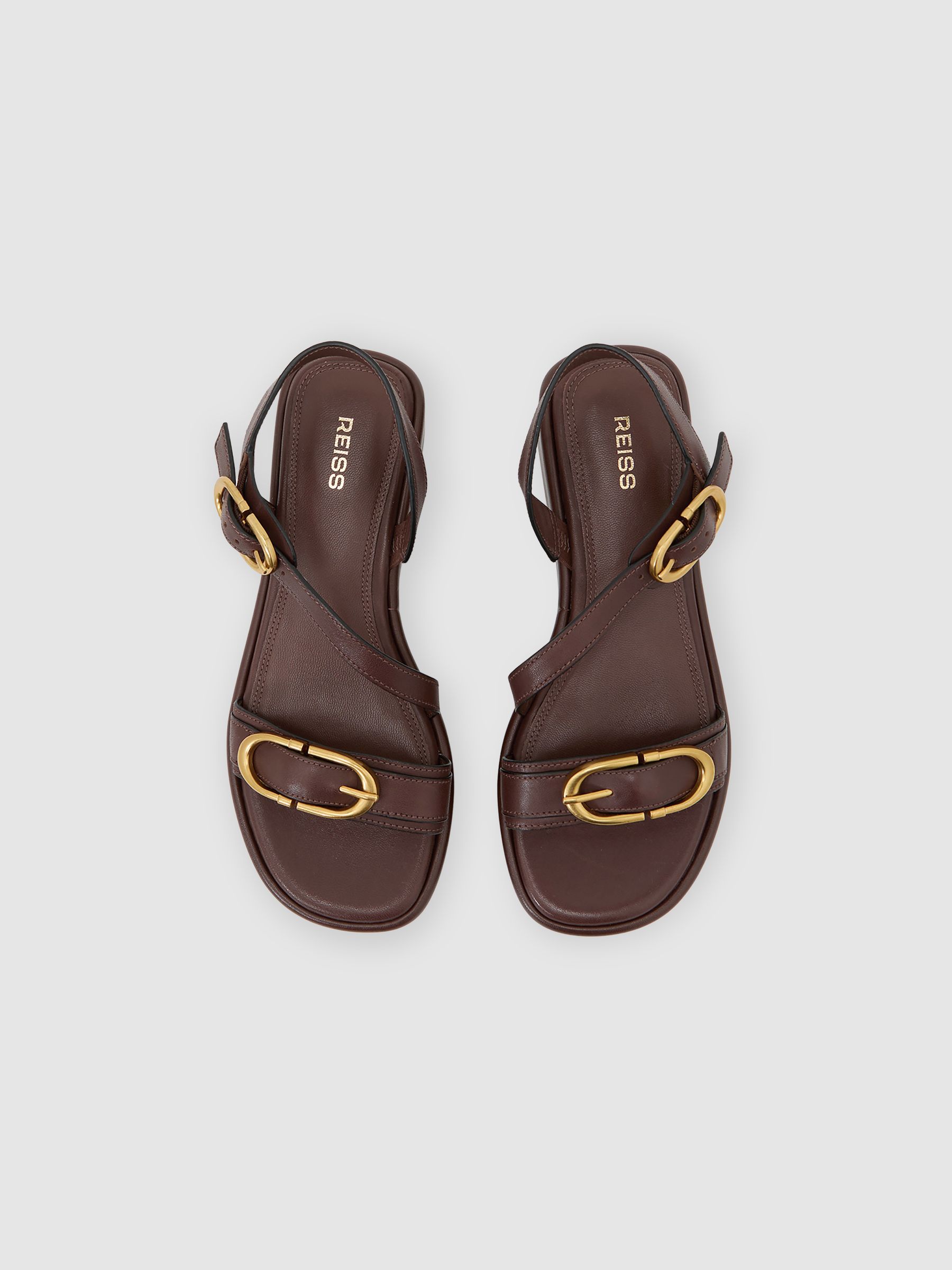 Leather Double-Buckle Flatform Sandals in Chocolate - Image 4 of 5
