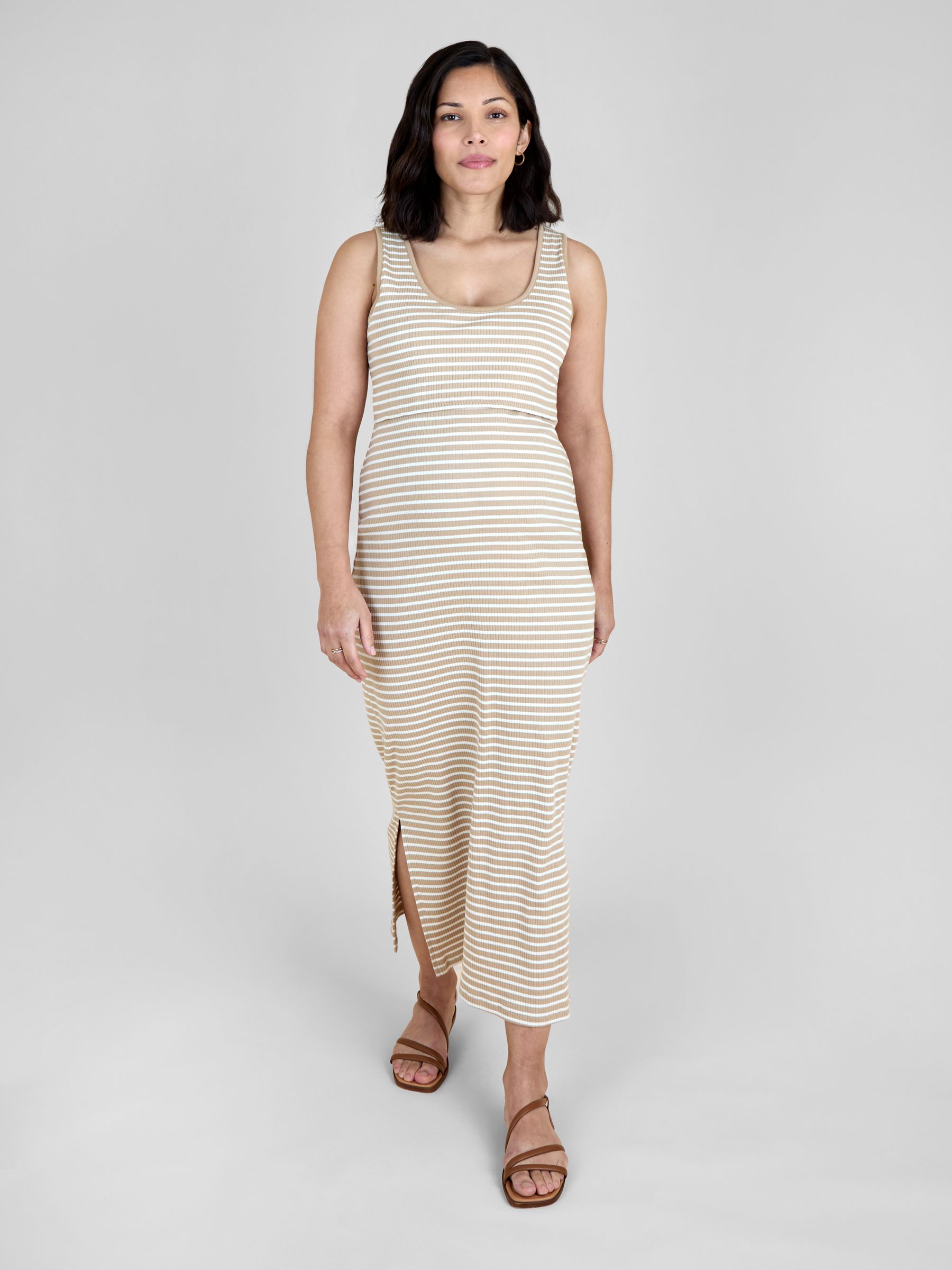 Natural Sleeveless Ribbed Scoop Neck Midi Nursing Dress - Image 1 of 5