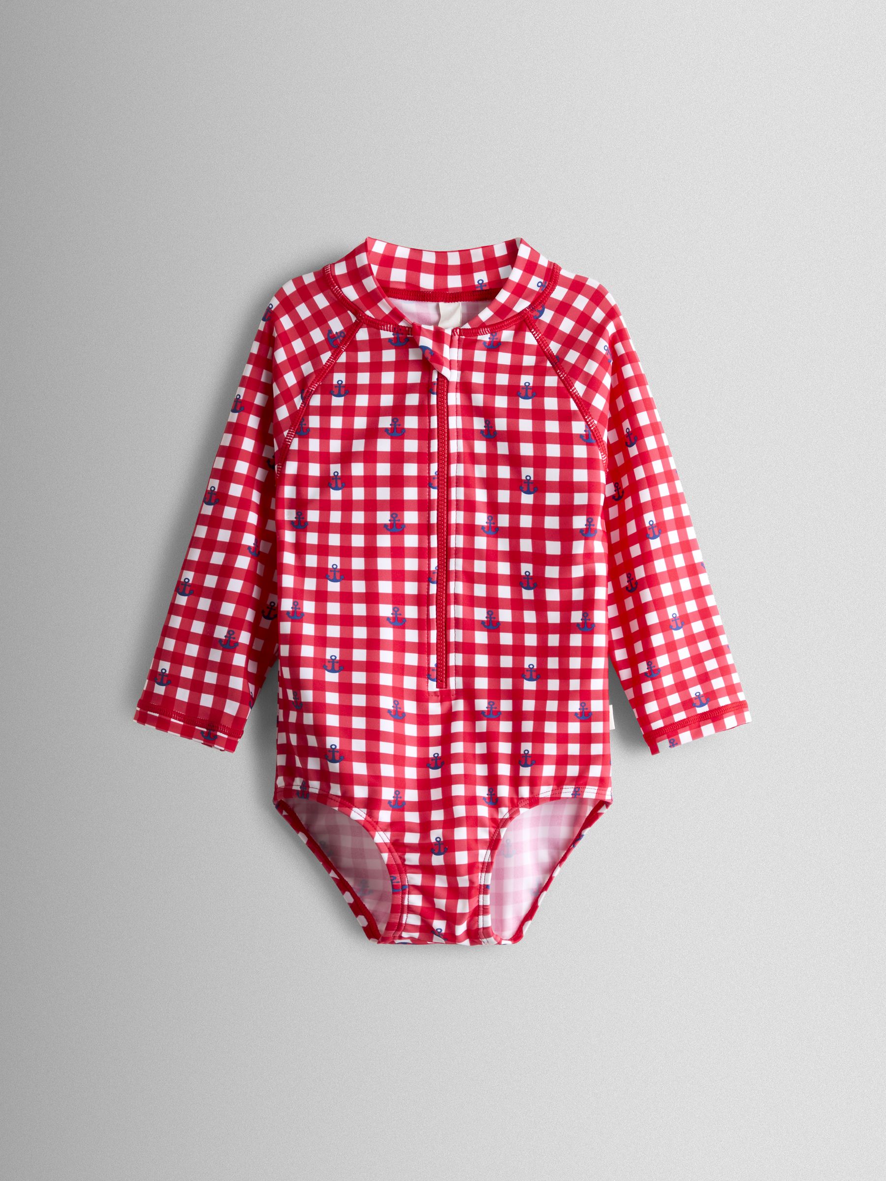 Red Gingham Nautical Long Sleeve Sunsafe Swimsuit - Image 1 of 3 Red Gingham Nautical Long Sleeve Sunsafe Swimsuit - Image 1 of 3