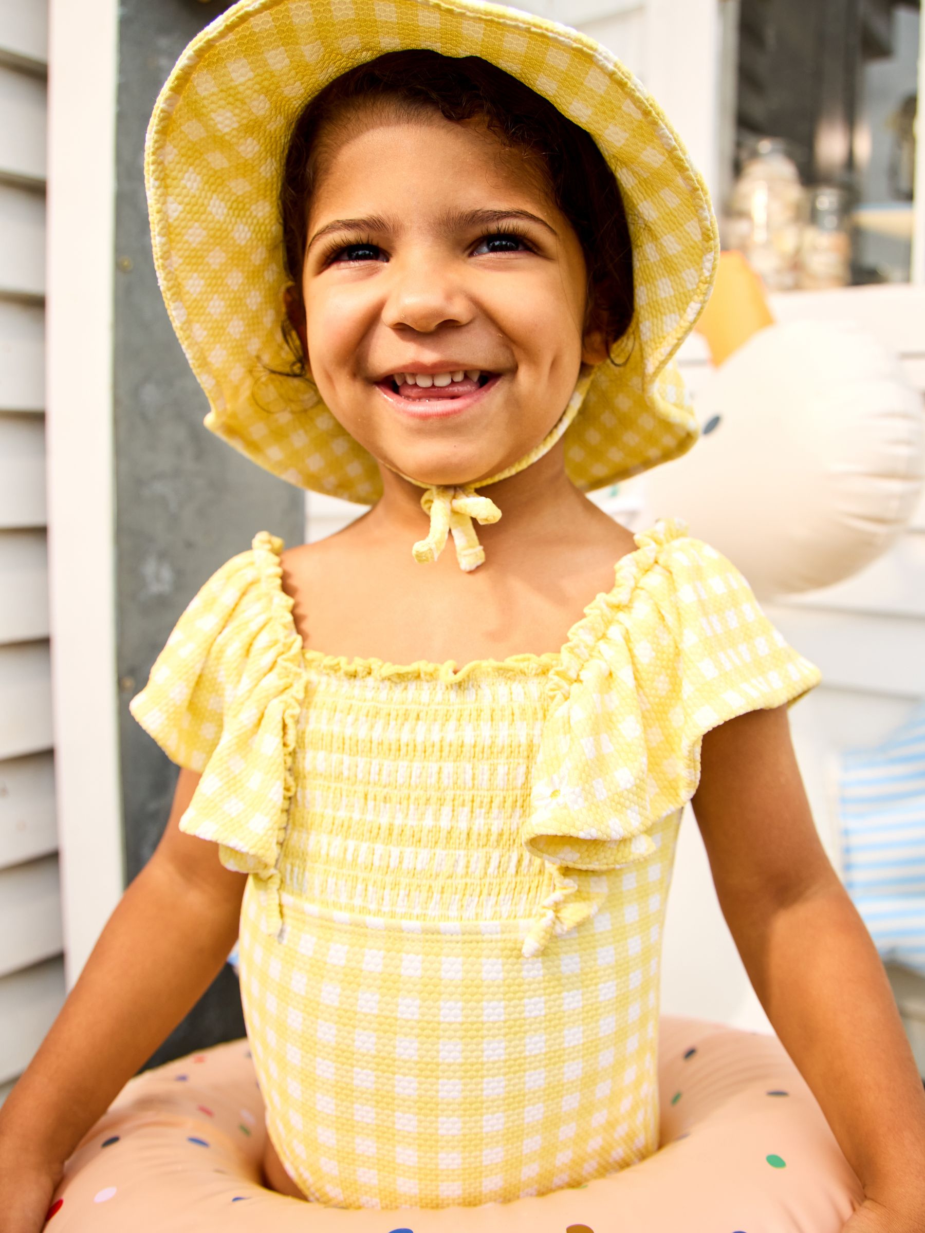 Yellow Daisy Gingham Textured Frill Sleeve Swimsuit - Image 1 of 1