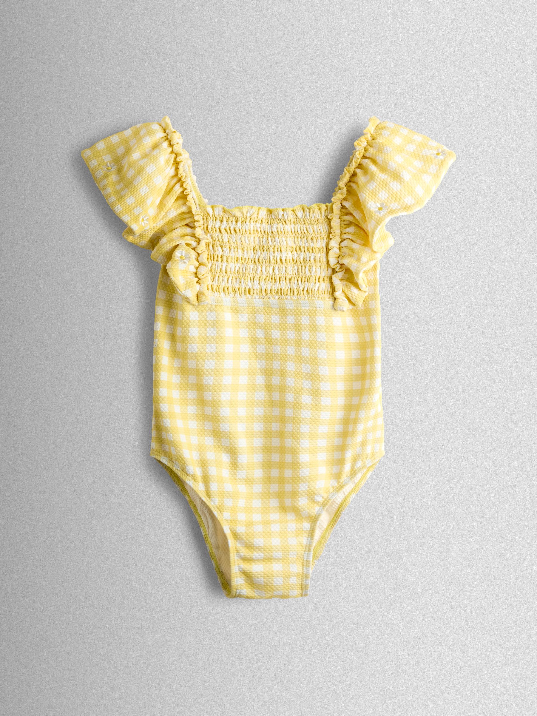 Yellow Daisy Gingham Textured Frill Sleeve Swimsuit - Image 2 of 4